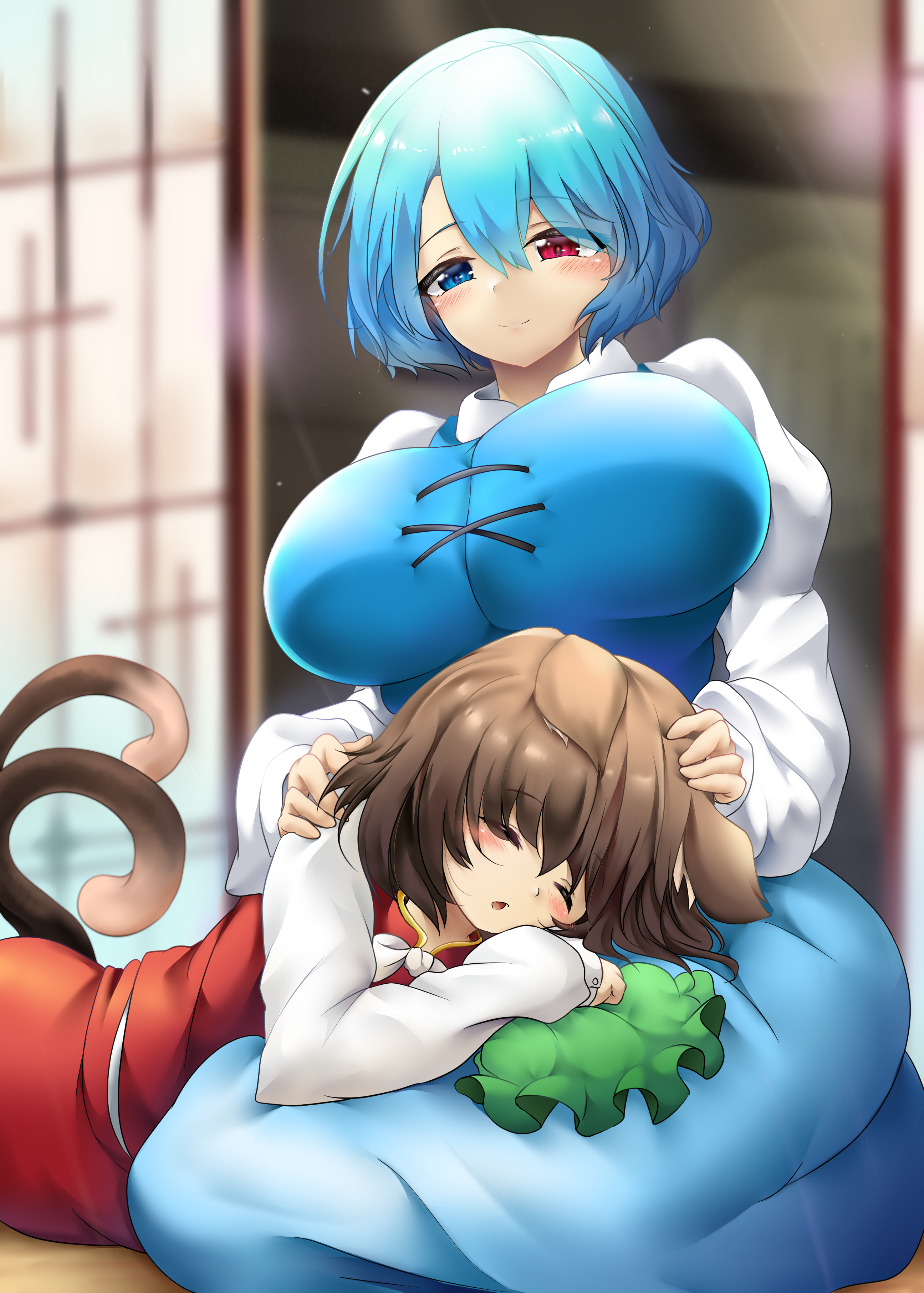reo adriano, chen, tatara kogasa, touhou, absurdres, highres, animal ear fluff, animal ears, blue eyes, blue hair, blue skirt, blue vest, blurry, bow, bowtie, breasts, brown hair, cat girl, cat tail, depth of field, hand on another's head, heterochromia, huge breasts, lap pillow, long sleeves, multiple tails, red eyes, red skirt, red vest, shirt, short hair, skirt, sleeping, tail, unworn headwear, vest, white bow, white bowtie, white shirt