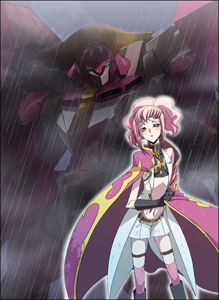 dalc rose, anya alstreim, mordred (code geass), code geass, bad id, bad pixiv id, 00s, cape, mecha, pink hair, rain, robot, solo, thighhighs