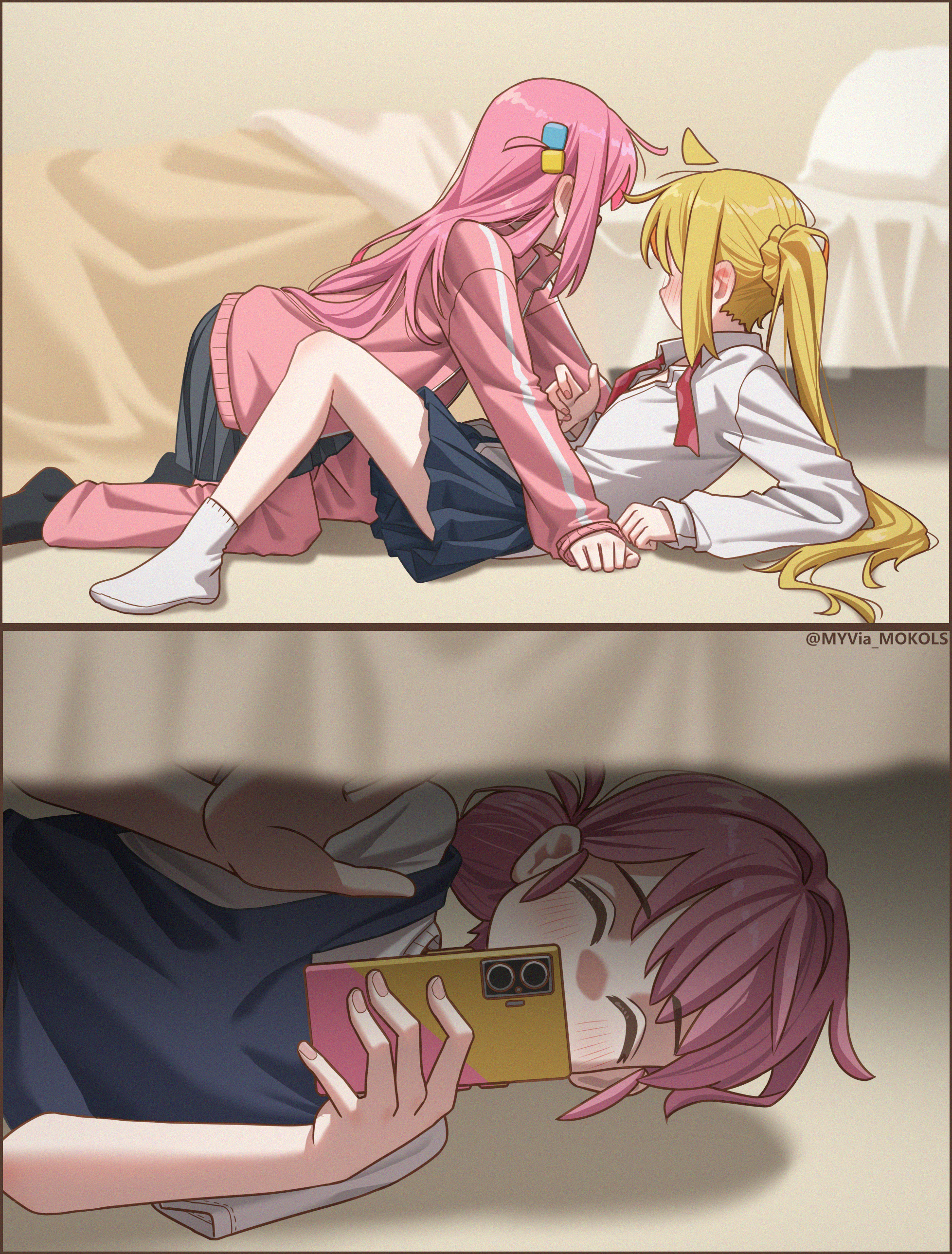 myvia mokols, gotoh hitori, gotoh michiyo, ijichi nijika, bocchi the rock!, absurdres, highres, 3girls, ahoge, bed, bedroom, black skirt, black socks, blush, caught, cellphone, closed eyes, collared shirt, cube hair ornament, final girl, hair ornament, holding, holding phone, jacket, long hair, long sleeves, mother and daughter, multiple girls, on floor, pants, pants under skirt, phone, pink hair, pink jacket, pink pants, pleated skirt, recording, shirt, side ponytail, skirt, smartphone, socks, track jacket, twitter username, under bed, waving, white shirt, white socks, yuri