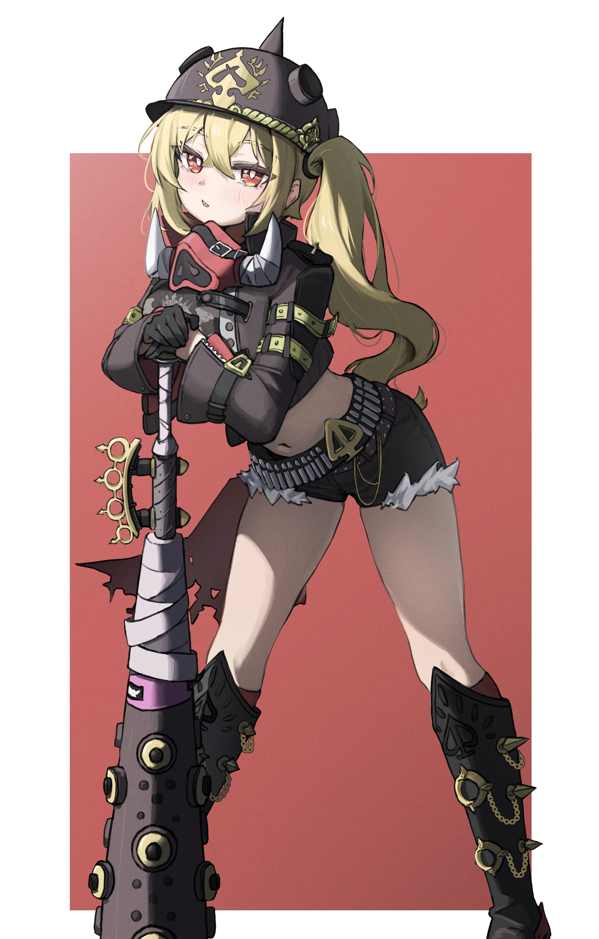 seulraimbbang, luciana de montefio, zenless zone zero, absurdres, highres, ammunition, baseball bat, belt, black helmet, blonde hair, blush, boar, brass knuckles, combat helmet, gloves, half gloves, helmet, holding, holding baseball bat, long hair, mask, mask around neck, metal baseball bat, micro shorts, red eyes, shorts, side ponytail, spiked jacket, unworn belt, weapon