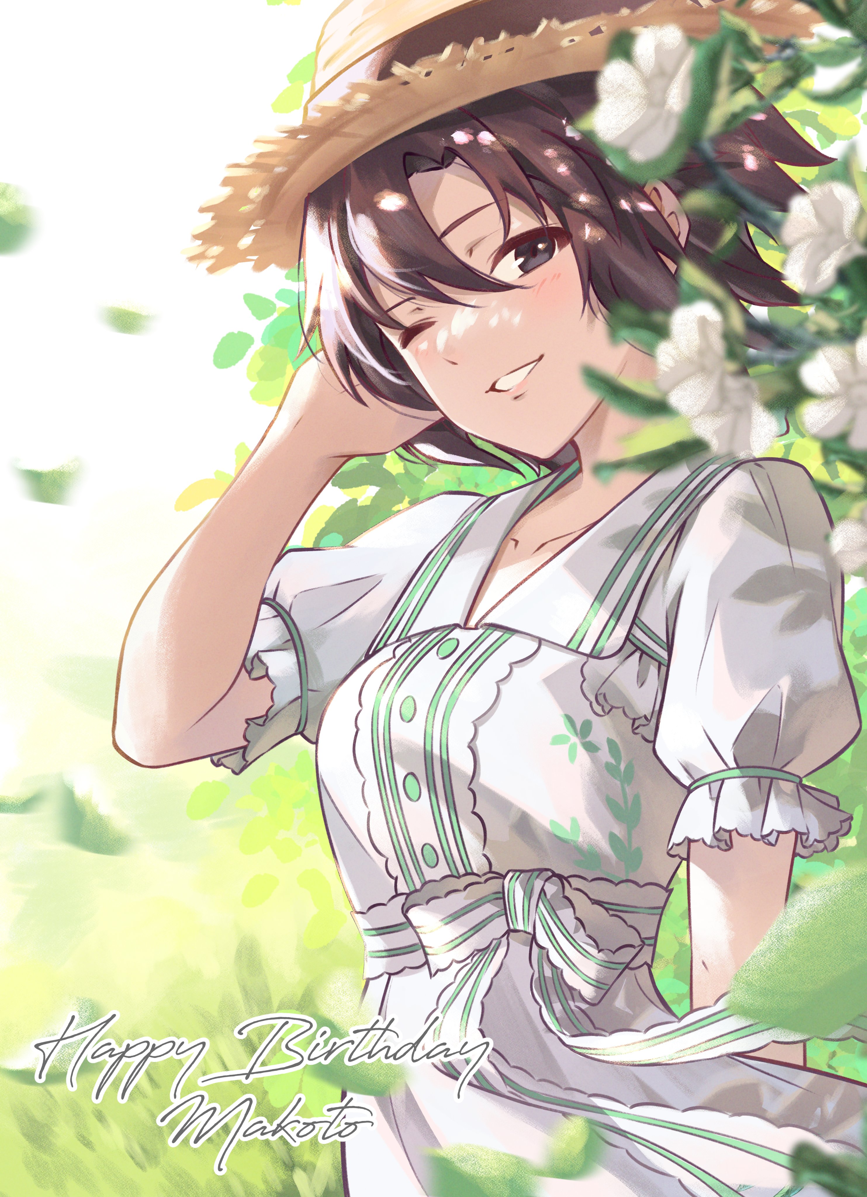 wanderstillart, idolmaster, idolmaster (classic), idolmaster million live!, idolmaster million live! theater days, absurdres, highres, 1girl, ;d, asymmetrical bangs, black eyes, black hair, blurry, blurry background, blurry foreground, collarbone, dappled sunlight, day, depth of field, dress, english text, flower, grass, green trim, grin, hand in own hair, happy birthday, hat, leaf, one eye closed, open mouth, outdoors, parted bangs, puffy short sleeves, puffy sleeves, short hair, short sleeves, smile, solo, straw hat, sunlight, white dress, white flower, wing collar