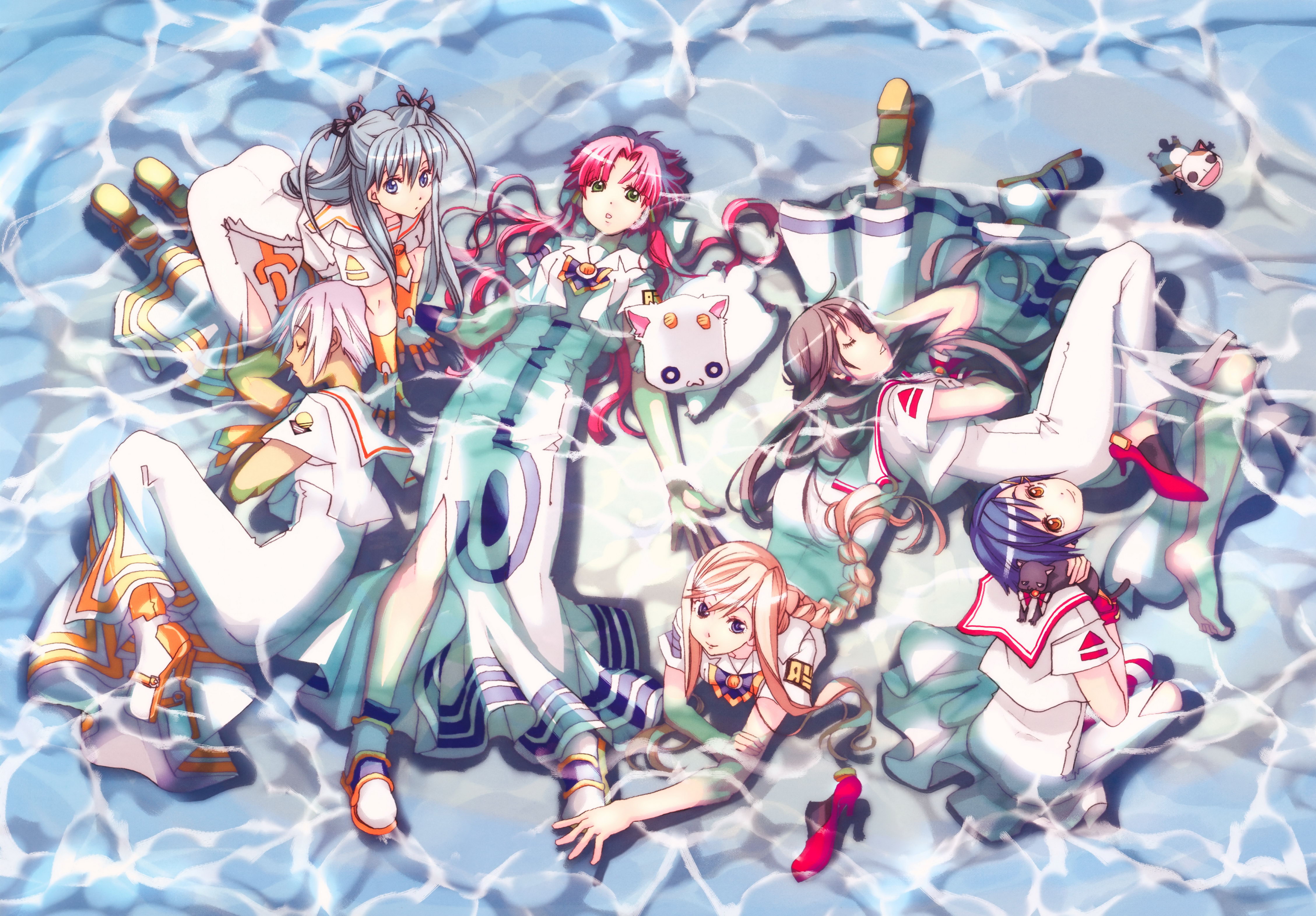 amano kozue, aika granzchesta, akira ferrari, alice carroll, alicia florence, aria pokoteng, athena glory, hime granzchesta, mizunashi akari, president maa, aria (manga), absurdres, highres, 00s, 6+girls, barefoot, black cat, blouse, cat, caustics, everyone, feet, multiple girls, shirt, shoes, single shoe, water, wet, wet clothes, white shirt