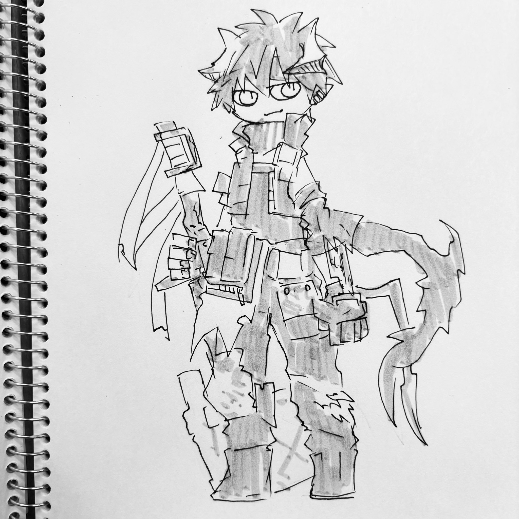odda (arknights), arknights, highres, 1boy, arm belt, armband, black pants, black tank top, black vest, chibi, demon tail, full body, greyscale, holding, holding weapon, komamemochi, monochrome, pants, sketch, smile, tail, tank top, vest, weapon