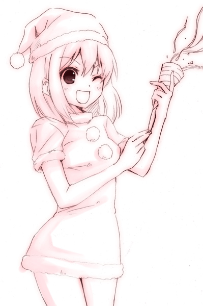 hijiki (hijikini), hijikini, suzumiya haruhi, suzumiya haruhi no yuuutsu, 00s, 1girl, christmas, female focus, hat, monochrome, pink theme, santa costume, santa hat, solo