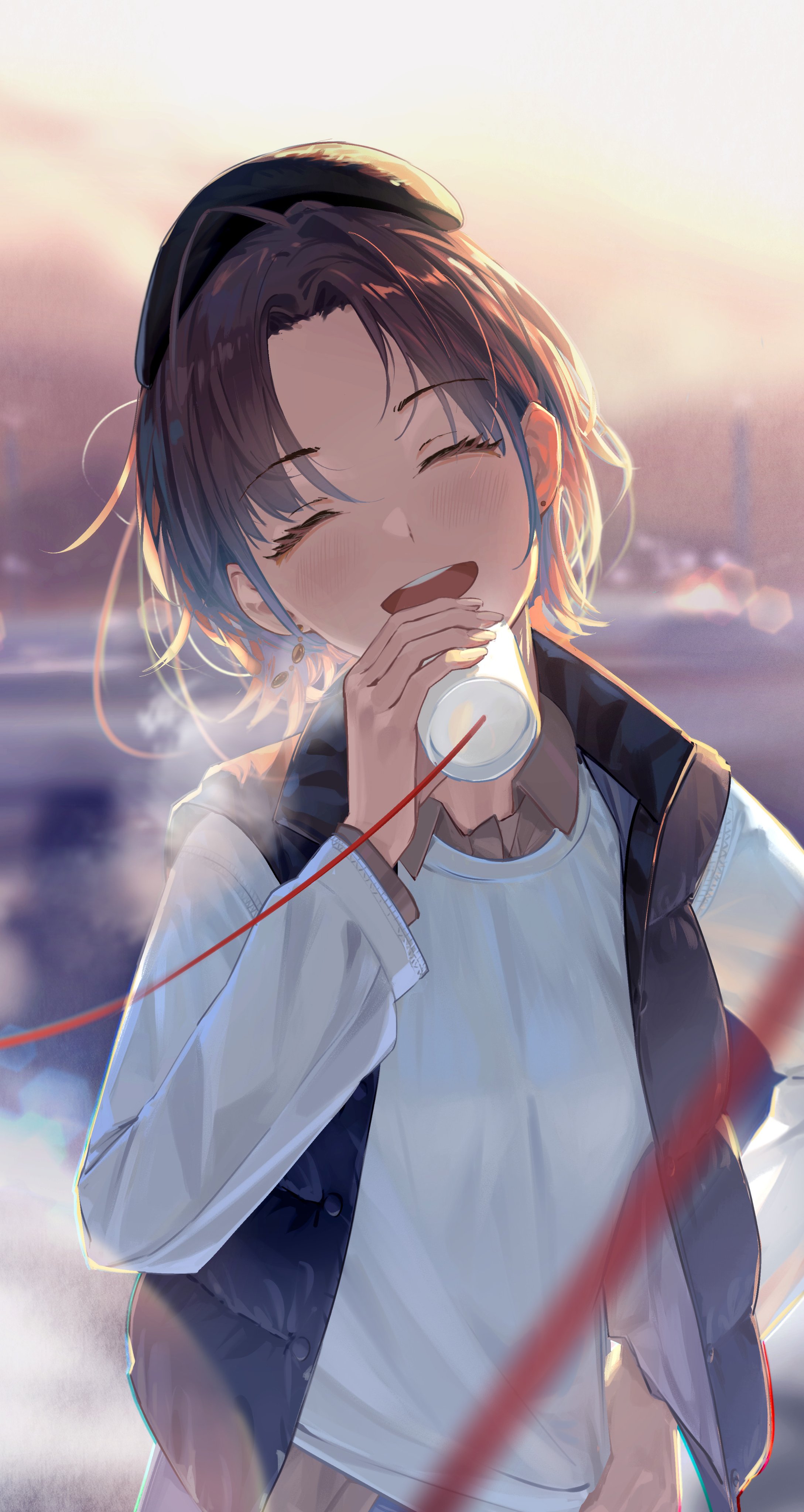 da tengzi, asakura toru, idolmaster, idolmaster shiny colors, absurdres, highres, 1girl, ^ ^, aqua hair, beret, blue pants, blurry, blurry background, blurry foreground, brown hair, brown shirt, closed eyes, coat, cup, depth of field, dress shirt, evening, eyelashes, facing viewer, gradient hair, hat, head tilt, holding, holding cup, layered shirt, lens flare, long sleeves, multicolored hair, open clothes, open coat, open mouth, pants, parted bangs, shirt, short hair, sleeveless, sleeveless coat, smile, solo, string phone, sunlight, teeth, upper teeth only, white shirt, wing collar