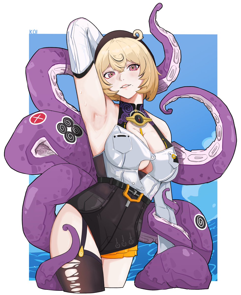 yidhari (zenless zone zero), zenless zone zero, armpits, asymmetrical shorts, blonde hair, detached sleeves, hat, high-waist shorts, kurokoi art, mole, mole under mouth, monster girl, short hair, shorts, sticker, tentacle tail, tentacles, torn clothes