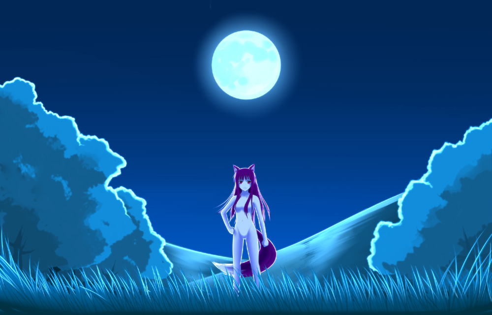 genjuu rou, holo, spice and wolf, 00s, animal ears, long hair, moon, nude, red eyes, solo, tail, wolf ears