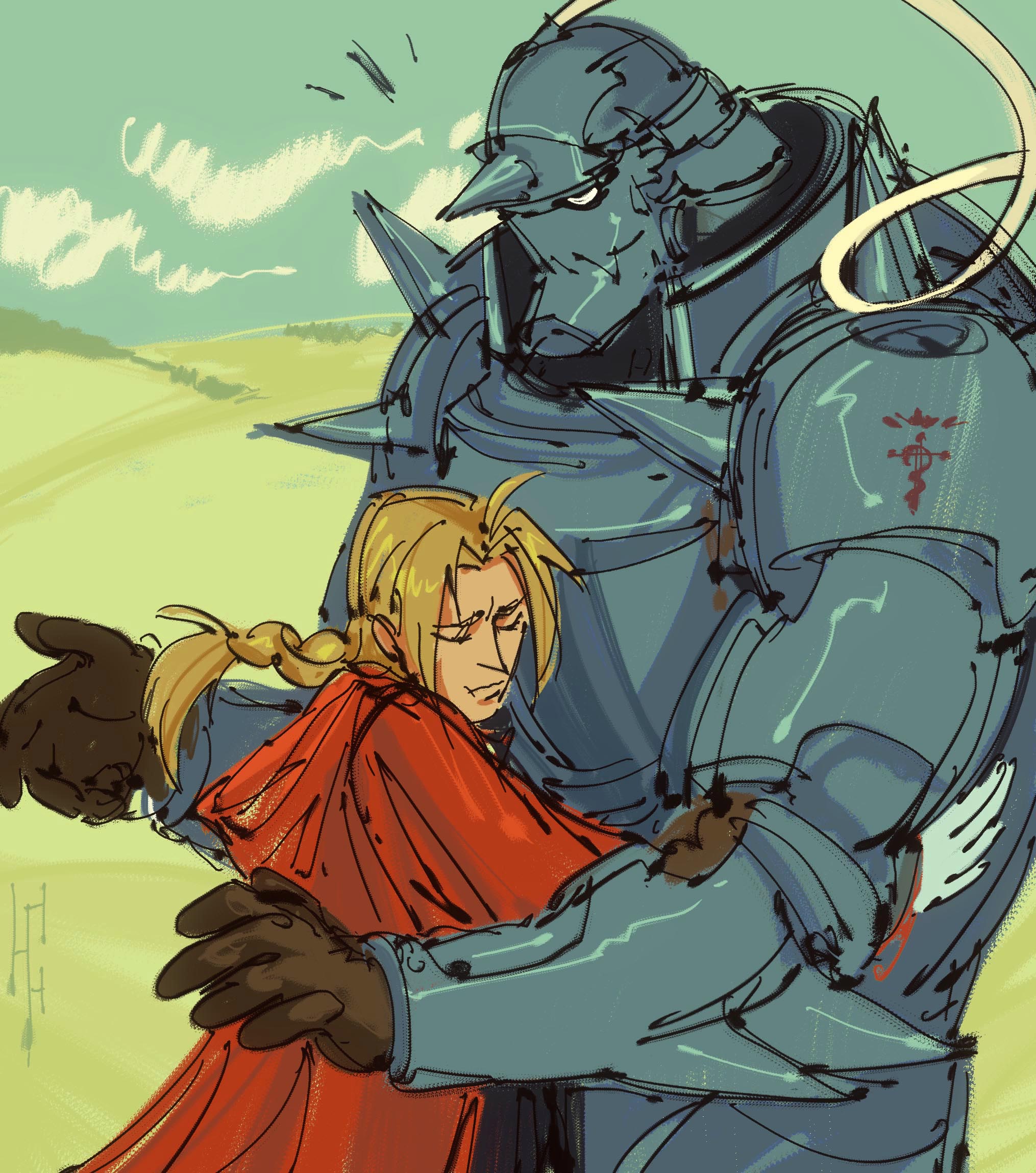 alphonse elric, edward elric, fullmetal alchemist, highres, 2boys, ahoge, armor, blonde hair, braid, braided ponytail, brothers, brown gloves, closed eyes, coat, full armor, gloves, hife art, hood, hooded coat, multiple boys, notice lines, outdoors, parted bangs, red coat, siblings, twitter username, white gloves