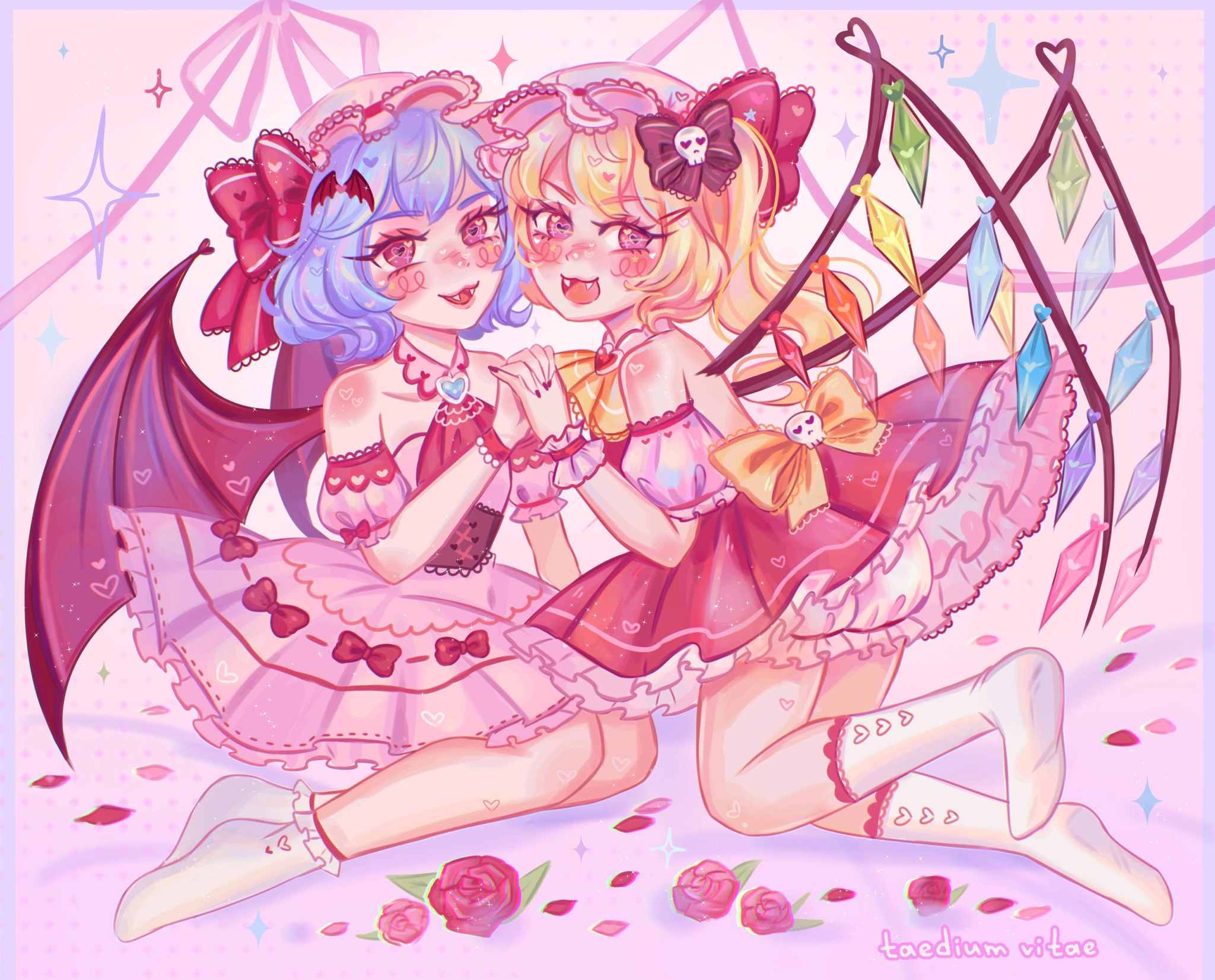 ttaedium-vitaee, flandre scarlet, remilia scarlet, touhou, highres, ibispaint (medium), 2girls, adapted costume, artist name, ascot, backless dress, backless outfit, bare shoulders, black bow, blonde hair, bloomers, blue hair, blush stickers, bow, crystal, dress, fangs, flower, hair bow, hat, holding hands, mob cap, multiple girls, open mouth, petals, pink dress, pink hat, pink theme, red ascot, red bow, red dress, red eyes, rose, rose petals, short hair, skull ornament, socks, underwear, white bloomers, white socks, wings, yellow ascot