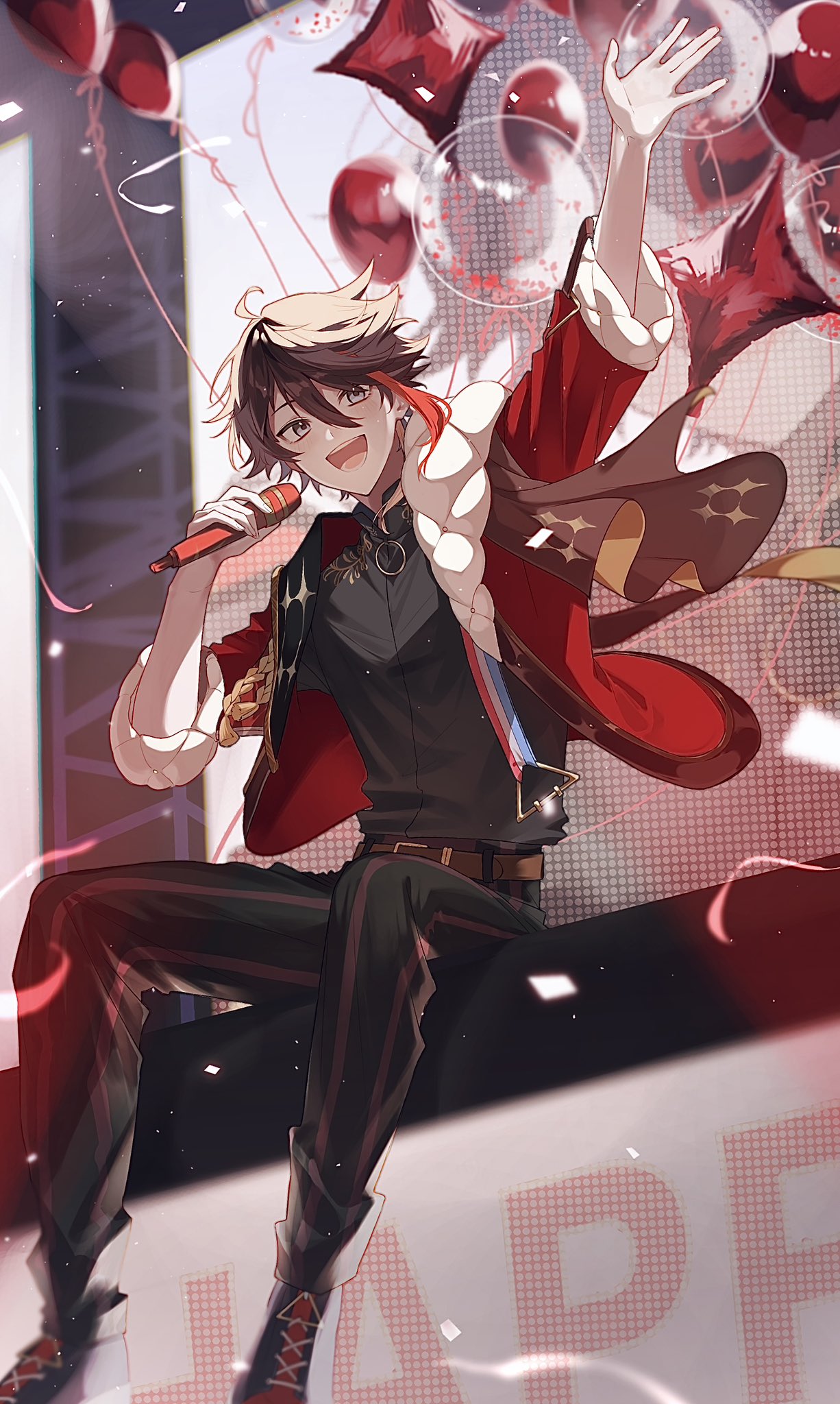 koku (koku 013), saegusa akina, saegusa akina (2nd costume), nijisanji, highres, 1boy, :d, ahoge, arm up, balloon, belt, black hair, black pants, black shirt, brown belt, confetti, diamond balloon, earrings, fur-trimmed jacket, fur trim, hair between eyes, holding, holding microphone, jacket, jewelry, looking at viewer, male focus, microphone, multicolored hair, open clothes, open jacket, open mouth, pants, red hair, red jacket, shirt, short hair, sitting, smile, solo, streaked hair, striped clothes, teeth, vertical-striped clothes, virtual youtuber