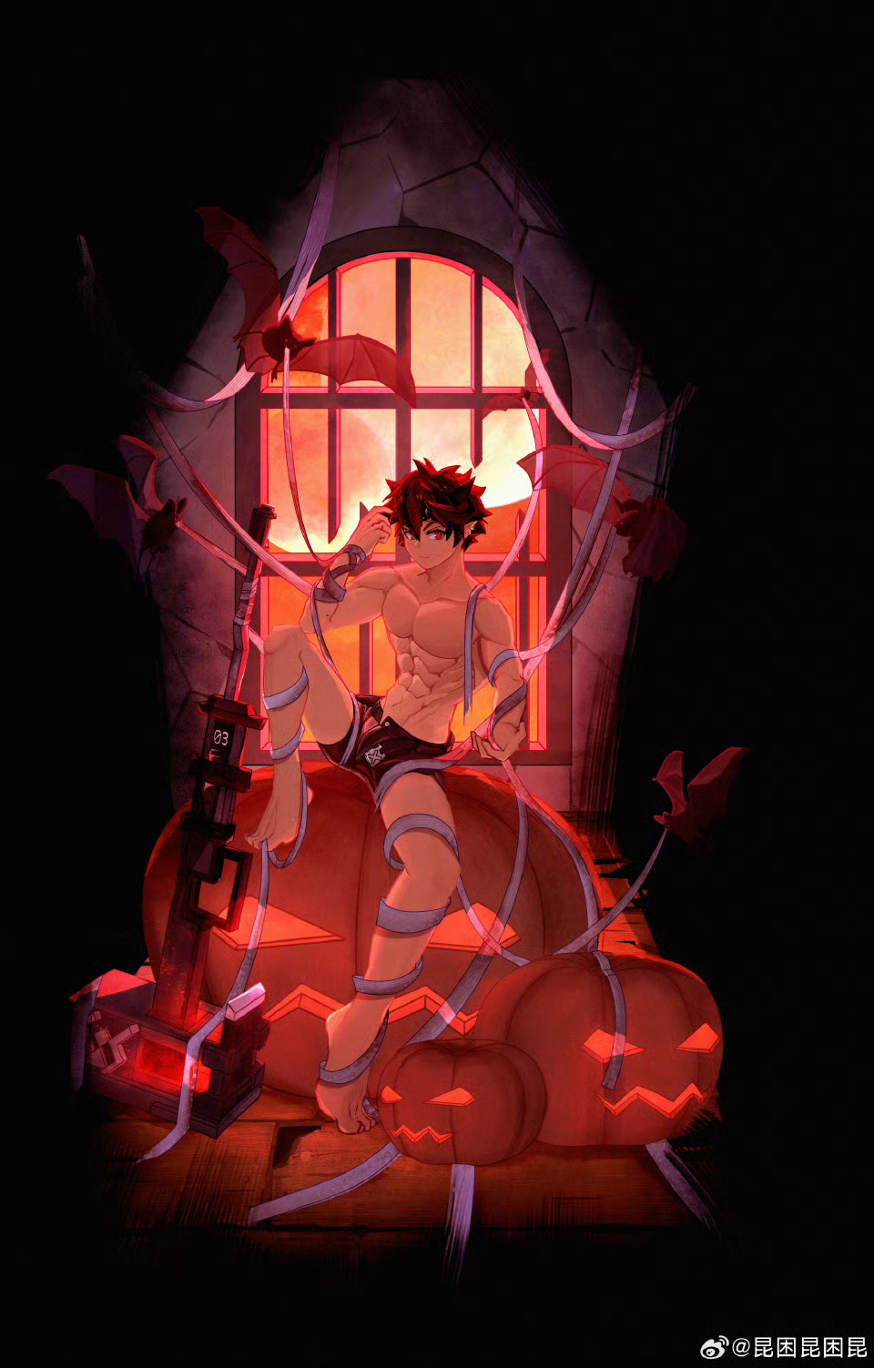 odda (arknights), arknights, highres, 1boy, abs, against window, bdsm, black hair, black shorts, bondage, bound, dark-skinned male, dark skin, demon boy, demon horns, feet, hand on own head, horns, male focus, pectorals, planted, pointy ears, pumpkin, red eyes, shorts, sitting, toned, watermark, weibo username, weibo watermark, window, window shadow