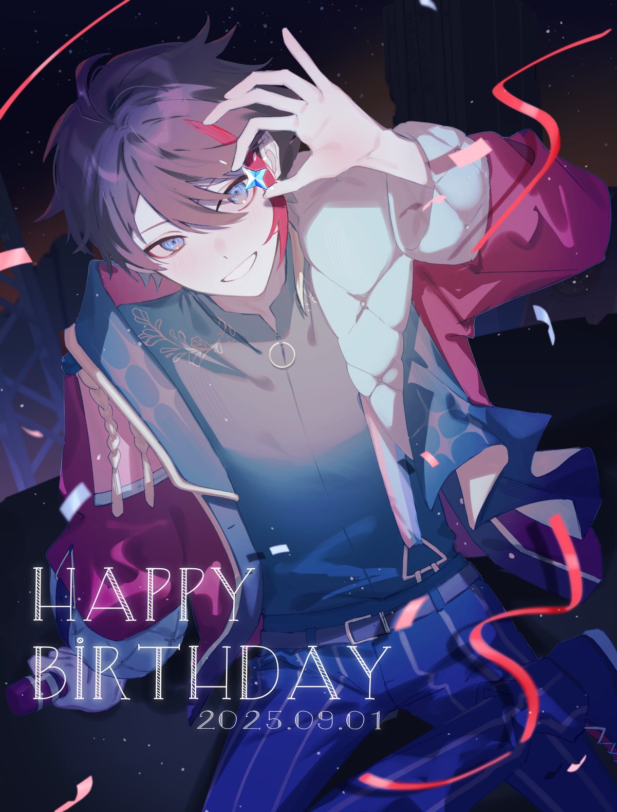 saegusa akina, saegusa akina (2nd costume), nijisanji, highres, 1boy, 5 ame0, belt, black hair, black shirt, blue eyes, blue pants, collared shirt, dated, grin, happy birthday, holding, jacket, long sleeves, looking at viewer, male focus, multicolored hair, open clothes, open jacket, pants, red hair, red jacket, shirt, short hair, smile, solo, streaked hair, teeth, virtual youtuber