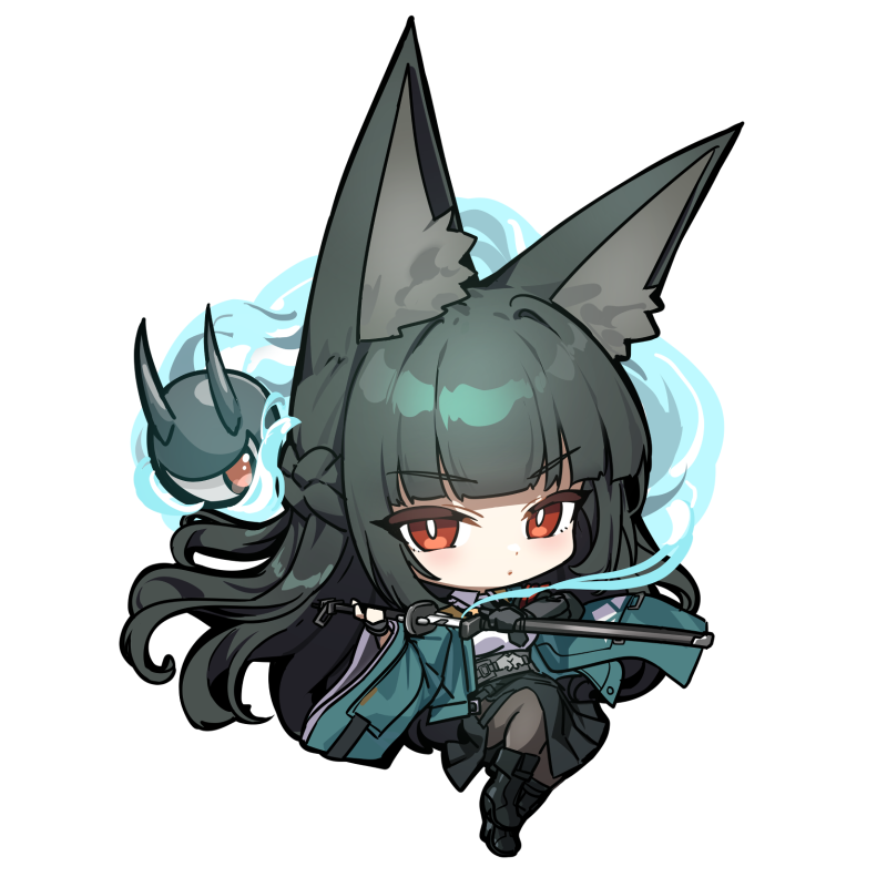 ebi bento, hoshimi miyabi, tailless (zenless zone zero), zenless zone zero, animal ear fluff, animal ears, aqua jacket, arm out of sleeve, black hair, black necktie, comically large ears, fingerless gloves, fox ears, fox girl, gauntlets, gloves, green jacket, high-waist skirt, holding, holding sword, holding weapon, jacket, katana, long hair, necktie, red hair, single fingerless glove, single gauntlet, skirt, sword, weapon