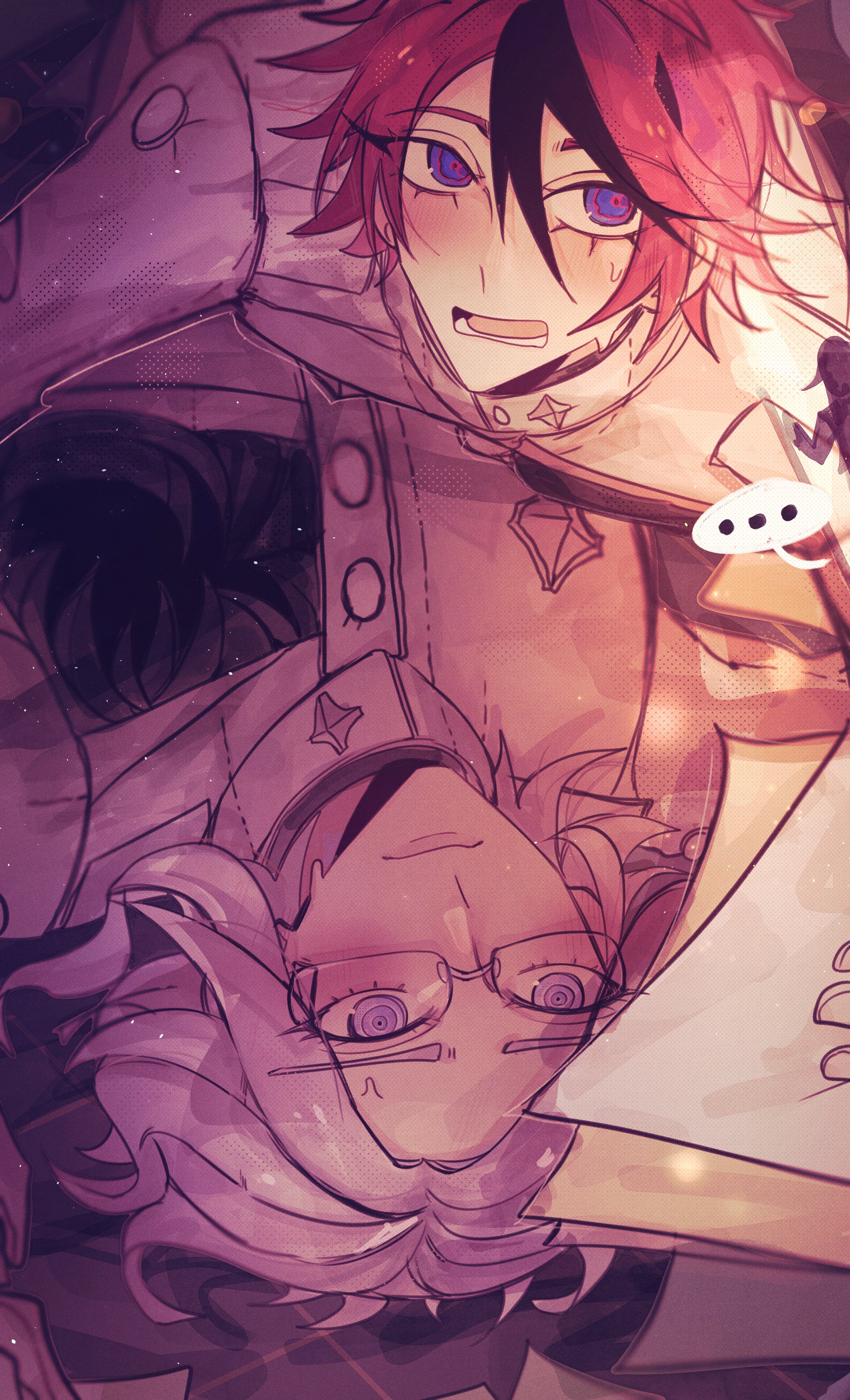 ariminasan, aotsuki eito, sumino takumi, the hundred line -last defense academy-, absurdres, commentary, commentary request, english commentary, highres, …, 1other, 2boys, black streaks, blue eyes, blush, boy on top, from above, glasses, grey hair, holding, holding paper, jacket, last defense academy school uniform, looking at viewer, male focus, multicolored hair, multiple boys, on floor, out of frame, paper, purple eyes, red hair, ringed eyes, school uniform, short hair, spoken ellipsis, streaked hair, sweat, white jacket, yaoi