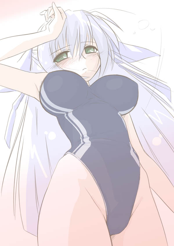 tamu-v, tamu (mad works), ginga nakajima, lyrical nanoha, mahou shoujo lyrical nanoha, mahou shoujo lyrical nanoha strikers, 00s, 1girl, blush, breasts, double vertical stripe, female focus, green eyes, highleg, highleg one-piece swimsuit, huge breasts, long hair, one-piece swimsuit, purple hair, solo, swimsuit