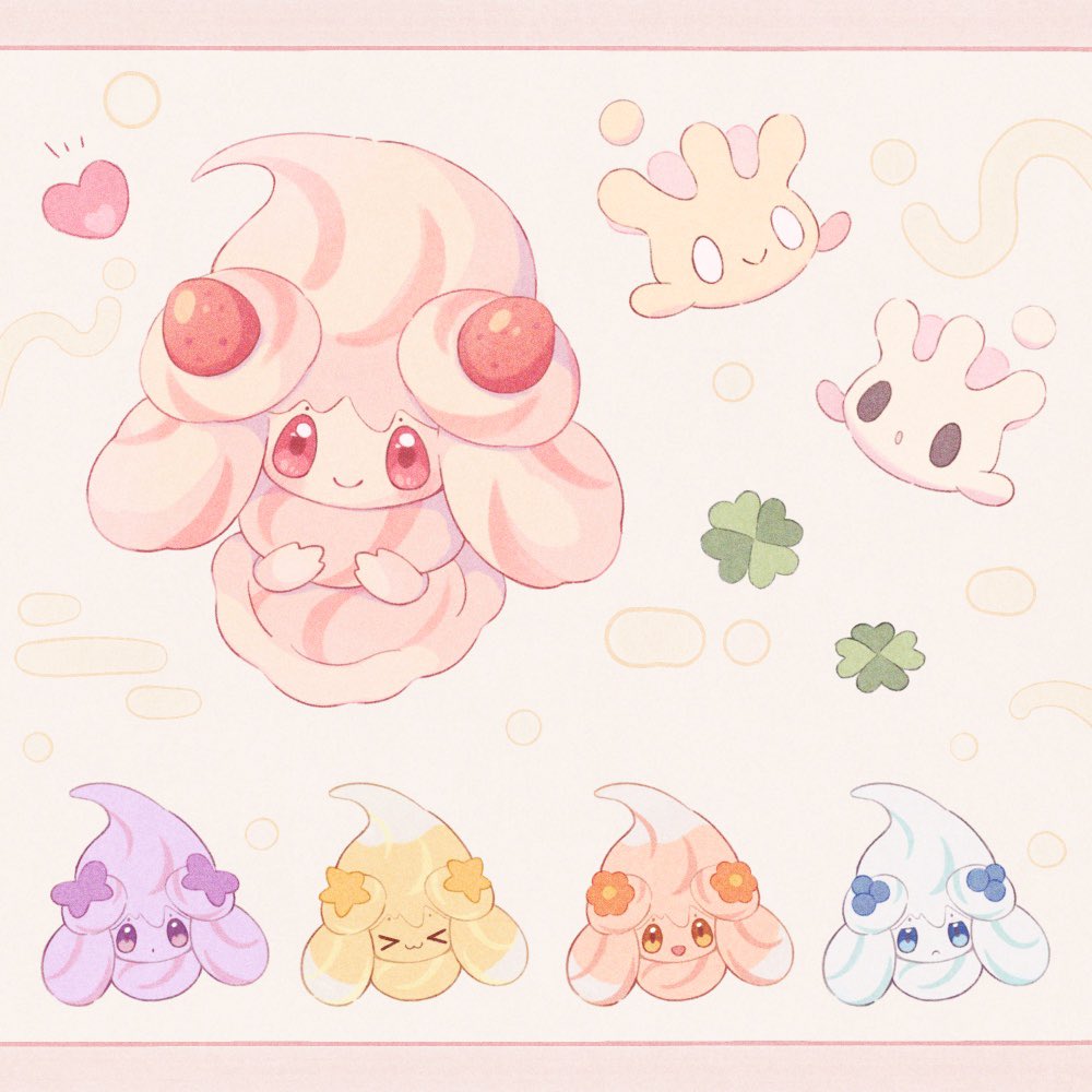 appyon (archangel ayp), alcremie, alcremie (berry sweet), alcremie (flower sweet), alcremie (ribbon sweet), alcremie (star sweet), alcremie (strawberry sweet), milcery, nintendo, pokemon, commentary request, > <, :<, :o, alternate color, blue eyes, clover, evolutionary line, four-leaf clover, frown, gen 8 pokemon, happy, heart, no humans, open mouth, orange eyes, pink eyes, pokemon (creature), pokemon focus, purple eyes, shiny pokemon, smile