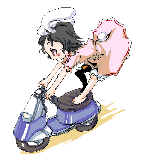 baku taso, itigekimaru, inaba tewi, touhou, vehicle, 1girl, animal ears, barefoot, bent over, female focus, motor vehicle, oekaki, rabbit ears, rabbit girl, rabbit tail, scooter, solo, standing, tail, white background