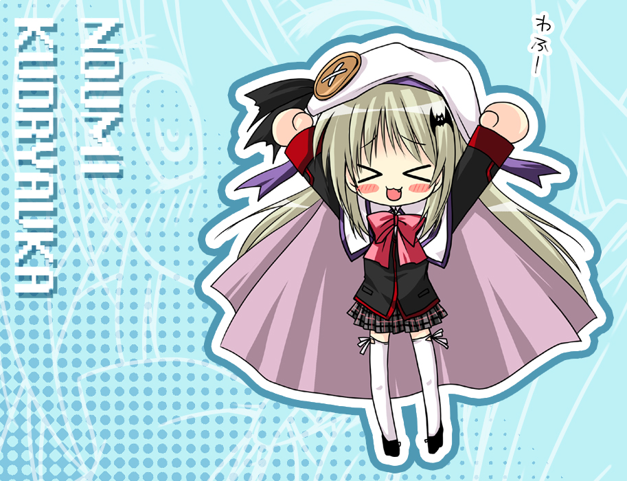 hayashi sakura, noumi kudryavka, little busters!, silver hair, > <, 1girl, :3, bow, buttons, cape, closed eyes, fang, female focus, hat, large buttons, long hair, pink bow, plaid clothes, plaid skirt, school uniform, serafuku, skirt, solo, thighhighs, x3
