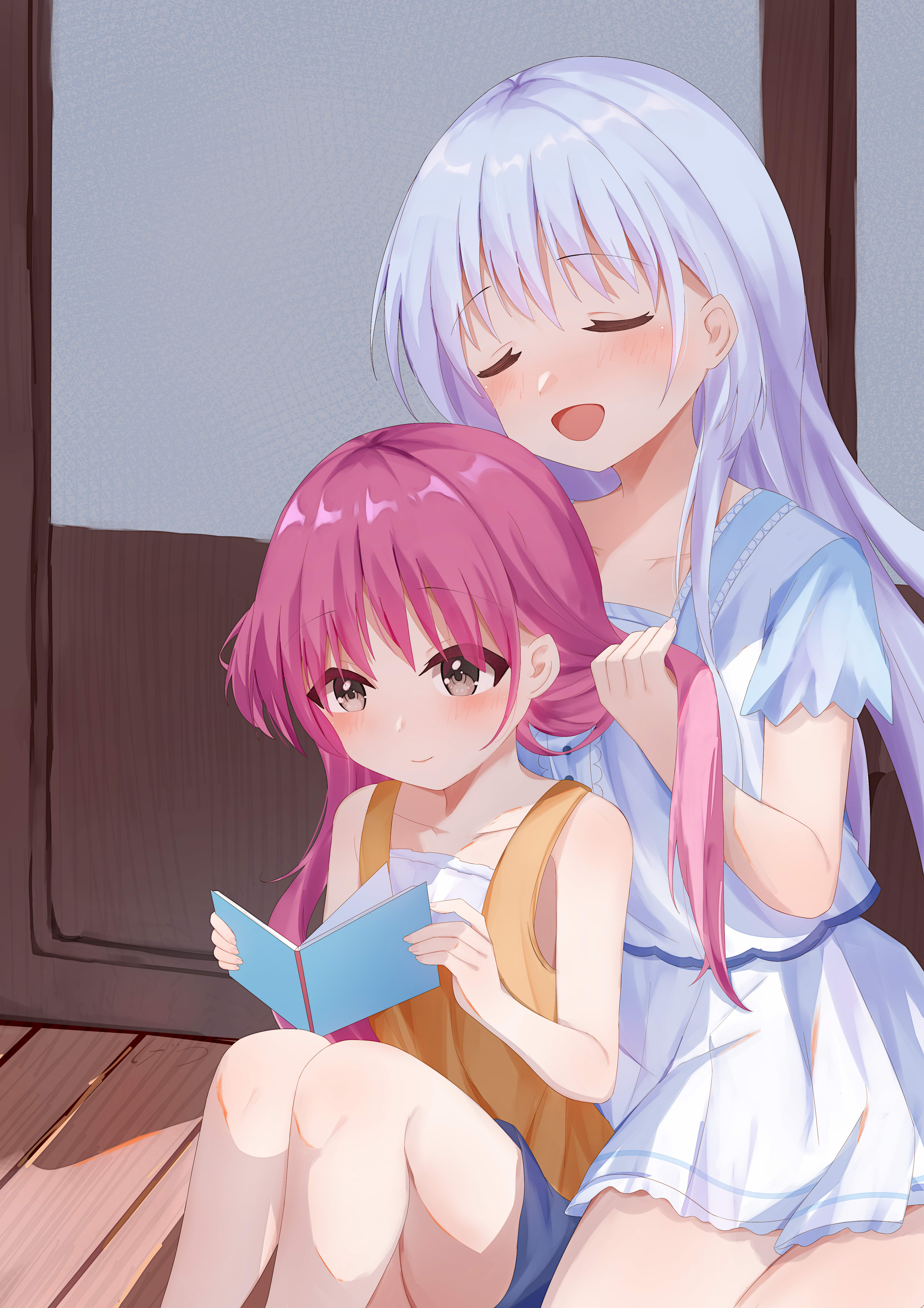 user xuzp4842, katou umi, naruse shiroha, summer pockets, absurdres, chinese commentary, commentary request, highres, 2girls, :d, blue shorts, blush, book, bunching hair, closed eyes, closed mouth, cowboy shot, feet out of frame, grey eyes, hair behind ear, hair between eyes, hand up, holding, holding book, indoors, knees up, long hair, miniskirt, multiple girls, open book, open mouth, orange shirt, pink hair, reading, shirt, short sleeves, shorts, sitting, skirt, sleeveless, sleeveless shirt, smile, two side up, tying another's hair, very long hair, wariza, white hair, white shirt, white skirt, wooden floor