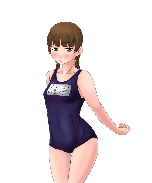 toshifumi, shimazu yoshino, maria-sama ga miteru, 00s, 1girl, :t, blush, braid, covered navel, female focus, name tag, navel, one-piece swimsuit, school swimsuit, simple background, solo, swimsuit, thigh gap, twin braids, white background