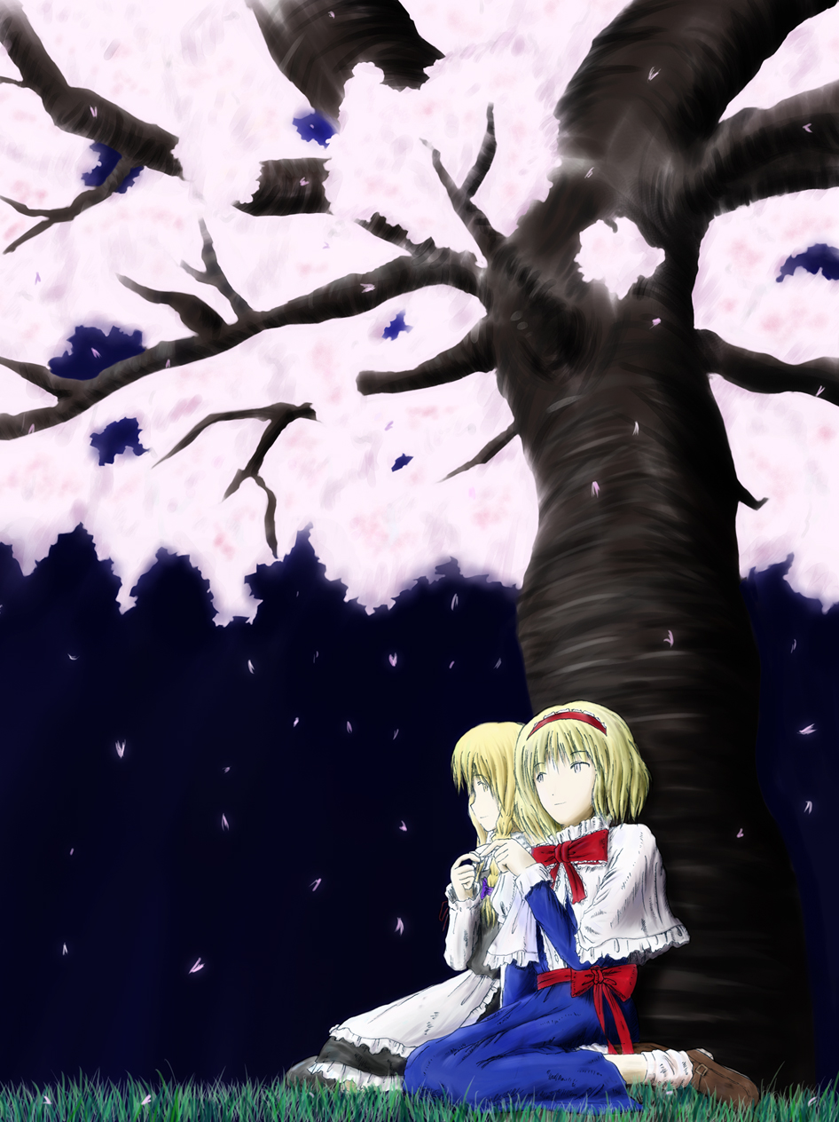 higuchi hasao, alice margatroid, kirisame marisa, touhou, bad id, bad pixiv id, highres, 2girls, blonde hair, female focus, multiple girls, nature, outdoors, plant
