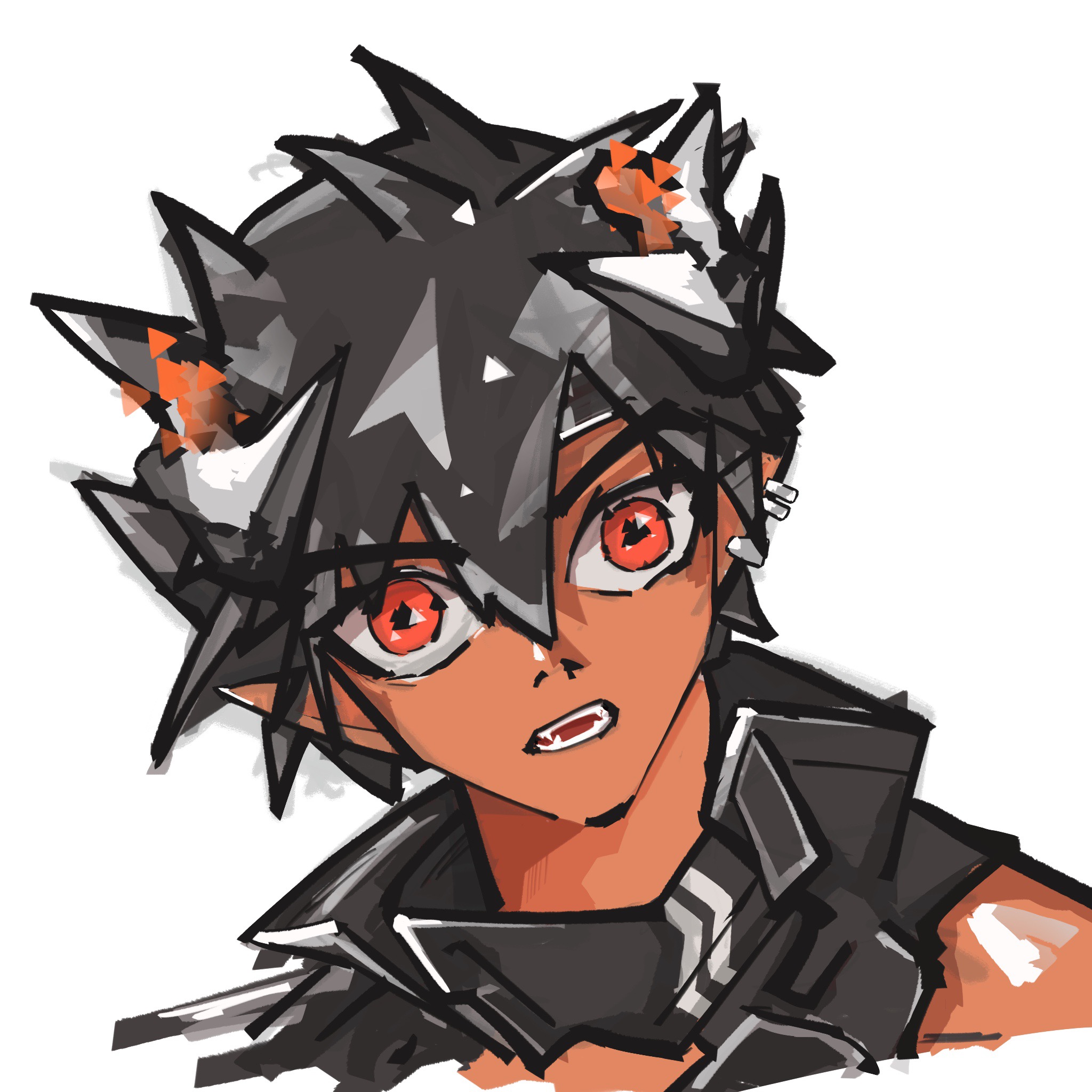 parkark, odda (arknights), arknights, highres, 1boy, black hair, black headband, black vest, close-up, dark-skinned male, dark skin, demon boy, demon horns, ear piercing, fangs, headband, horns, male focus, open mouth, piercing, pointy ears, red eyes, scarf, sleeveless vest, surprised, teeth, toned, toned male, torn clothes, torn scarf, vest, wide-eyed