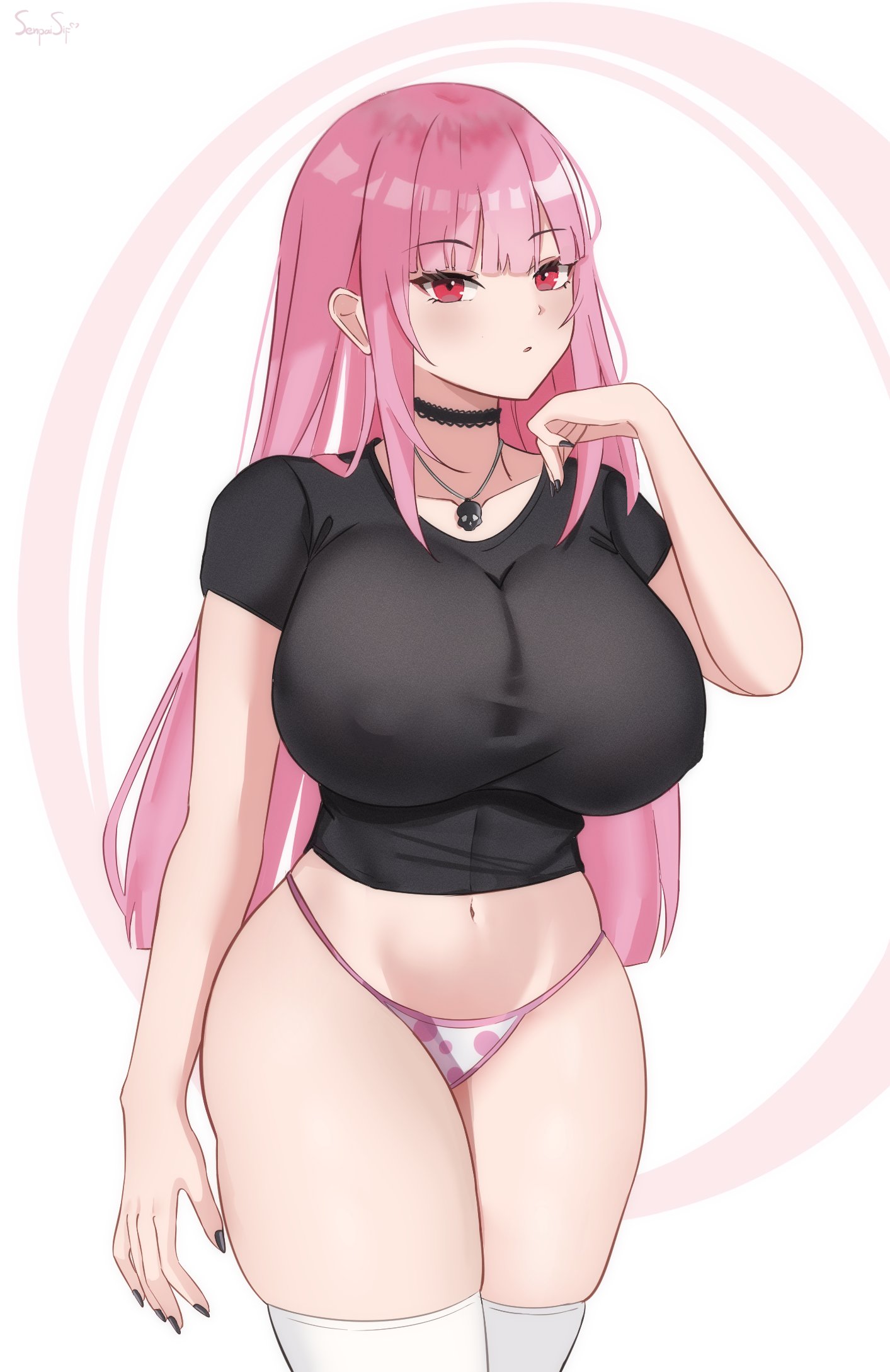 senpaisif, mori calliope, hololive, hololive english, highres, 1girl, alternate costume, black nails, black shirt, breasts, covered erect nipples, curvy, jewelry, large breasts, legs, long hair, looking at viewer, navel, necklace, panties, pink eyes, pink hair, polka dot, polka dot panties, print panties, red eyes, shirt, simple background, skull necklace, smile, solo, thick thighs, thighhighs, thighs, underwear, virtual youtuber, white background, white panties, white thighhighs