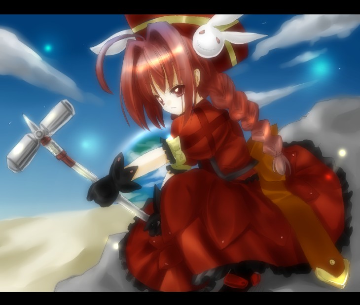 niwaka yuan, yun (artist), graf eisen, vita (nanoha), lyrical nanoha, mahou shoujo lyrical nanoha, mahou shoujo lyrical nanoha a's, 00s, 1girl, beret, braid, dress, female focus, hair ornament, hammer, hat, holding, holding weapon, letterboxed, puffy short sleeves, puffy sleeves, rabbit hair ornament, red dress, red eyes, red hair, short sleeves, solo, spikes, twin braids, weapon