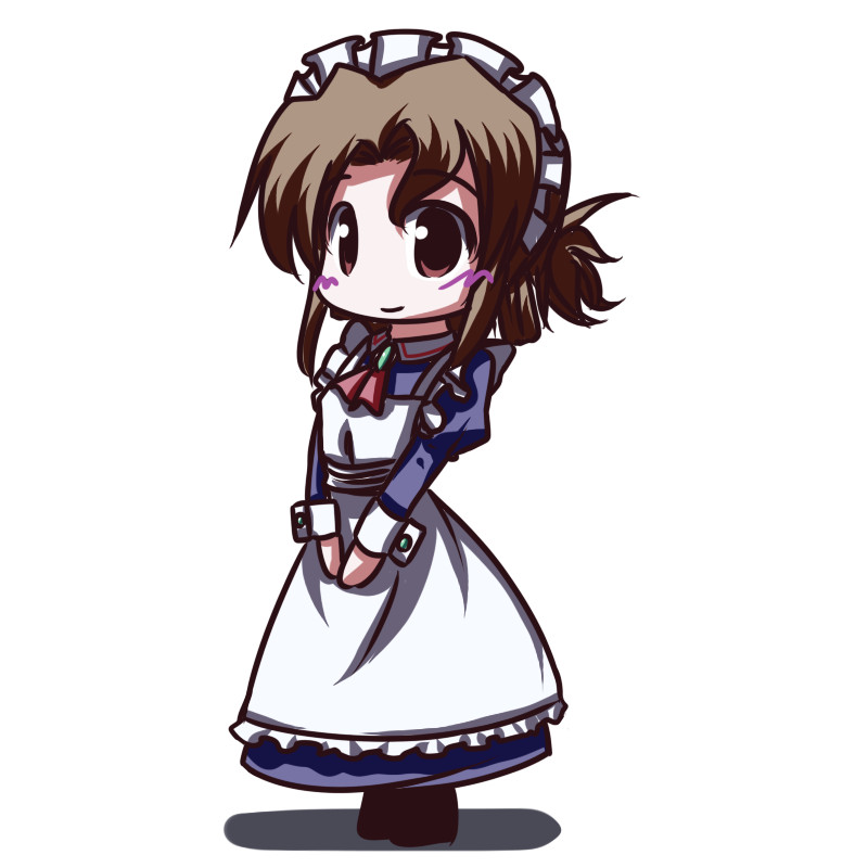 fictional sister, maria (hayate no gotoku!), hayate no gotoku!, 00s, 1girl, apron, ascot, blush, brown eyes, brown hair, chibi, cuff links, dress, female focus, folded ponytail, full body, juliet sleeves, long sleeves, maid, maid apron, maid headdress, own hands together, puffy sleeves, red eyes, simple background, smile, solo, standing, white background
