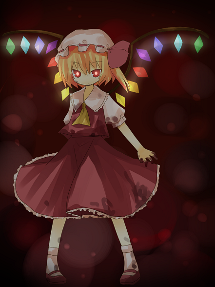 yuzuki (yuduame), flandre scarlet, touhou, bad id, bad pixiv id, 1girl, blood, blouse, collared shirt, female focus, hat, mob cap, red background, red eyes, red shoes, shirt, shoes, socks, solo, vampire, white hat, white shirt, white socks, wings