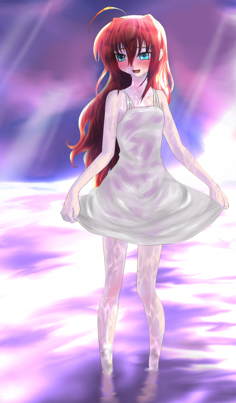 minatsuki randoseru, vita (nanoha), lyrical nanoha, mahou shoujo lyrical nanoha, mahou shoujo lyrical nanoha a's, highres, 00s, 1girl, ahoge, bad anatomy, blue eyes, dress, female focus, long hair, poorly drawn, red hair, skirt hold, solo, wading, water, white dress