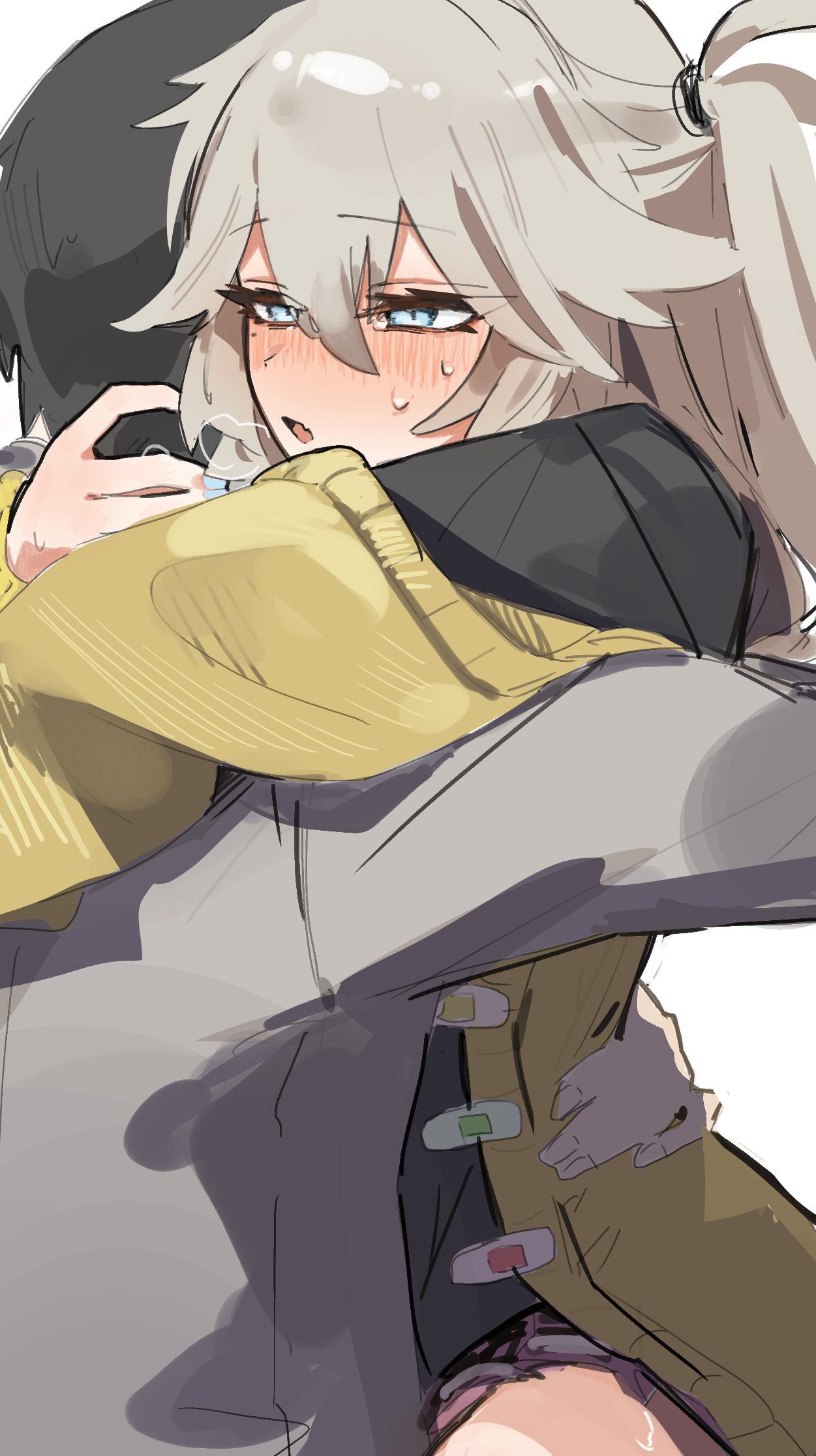 uranosebi, kasukabe tsumugi, voicevox, commentary request, highres, 1boy, 1girl, bandaid, black hair, black shirt, blue eyes, blush, cardigan, grey hair, grey shirt, hair between eyes, long bangs, long hair, long sleeves, miniskirt, mole, mole under eye, nose blush, one side up, open cardigan, open clothes, open mouth, purple skirt, shirt, simple background, skirt, solo focus, upper body, white background, yellow cardigan