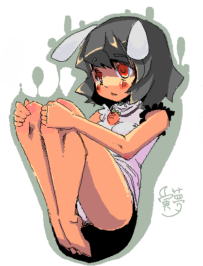 hamaburicchi, inaba tewi, touhou, 1girl, animal ears, bare legs, barefoot, black hair, carrot, female focus, panties, pantyshot, rabbit ears, red eyes, solo, underwear