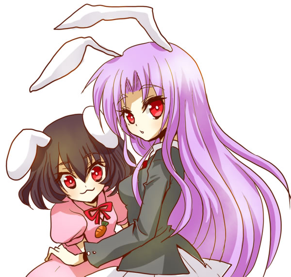 girotin ginza, inaba tewi, reisen udongein inaba, touhou, bad id, bad pixiv id, 2girls, :3, animal ears, black hair, brown hair, carrot, female focus, long hair, multiple girls, purple hair, rabbit ears, red eyes, short hair