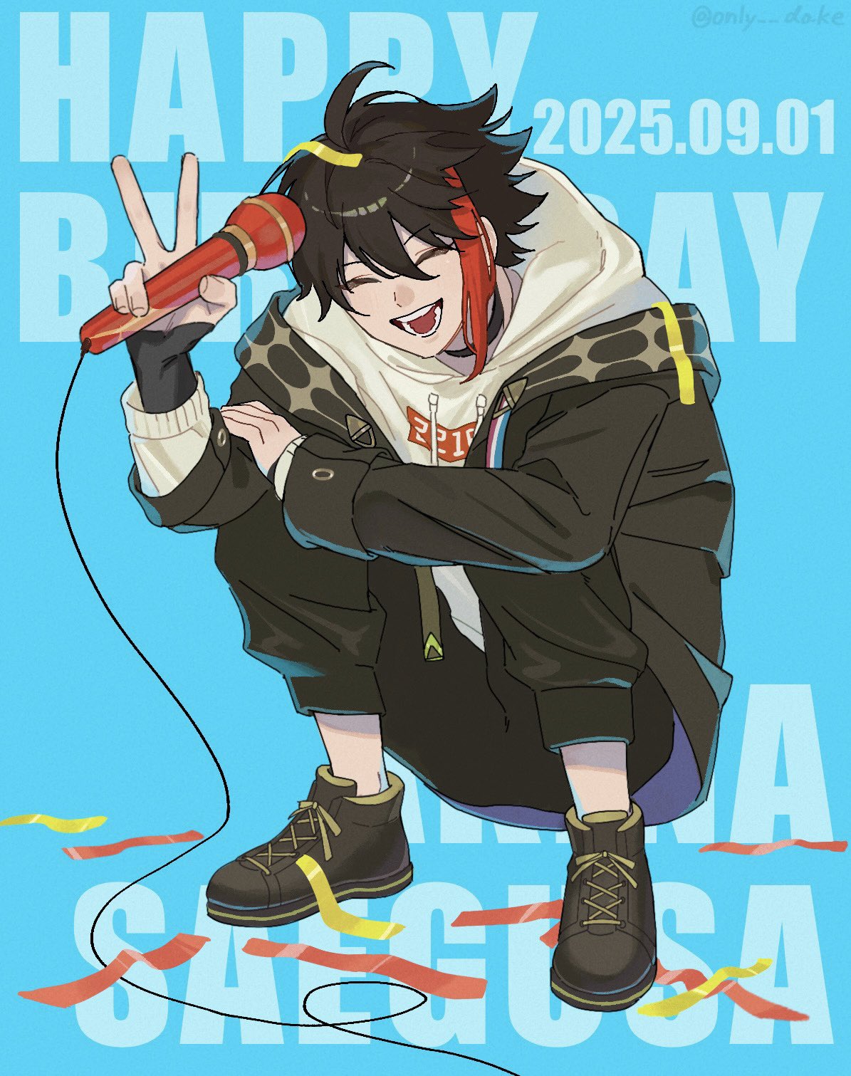 saegusa akina, saegusa akina (1st costume), nijisanji, highres, 1boy, ahoge, black hair, black jacket, black pants, blue background, character name, closed eyes, confetti, dated, full body, hair between eyes, happy birthday, holding, holding microphone, hood, hood down, hoodie, jacket, long sleeves, male focus, microphone, multicolored hair, only dake, open clothes, open mouth, pants, red hair, shoes, short hair, simple background, smile, solo, squatting, streaked hair, twitter username, v, virtual youtuber, white hoodie