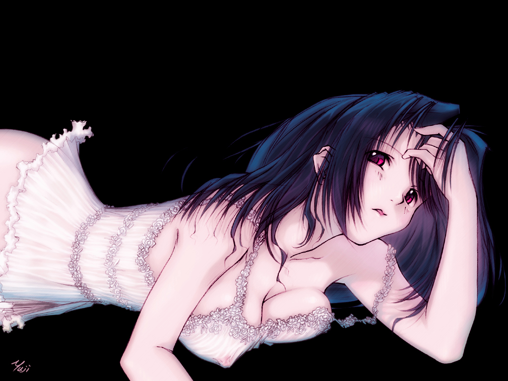 kobayashi yuji, original, 1girl, artist name, black hair, breast press, breasts, cleavage, covered erect nipples, female focus, hand in own hair, large breasts, lingerie, lying, nipples, no bra, red eyes, see-through clothes, signature, solo, underwear