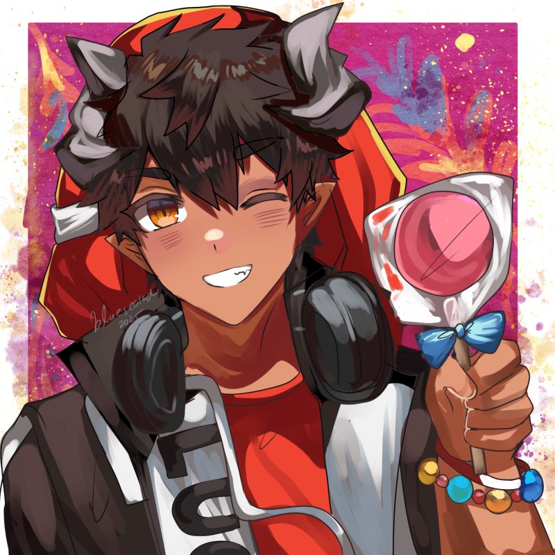 blue sealad, odda (arknights), odda (candy strike) (arknights), arknights, 1boy, ;d, beads, black hair, black jacket, blush, bracelet, candy, colorful background, dark-skinned male, dark skin, demon boy, demon horns, food, grin, headphones, headphones around neck, holding, holding candy, holding food, holding lollipop, hood, hoodie, horns, jacket, jewelry, lollipop, male focus, one eye closed, open clothes, open jacket, open mouth, pointy ears, red hoodie, smile, teeth