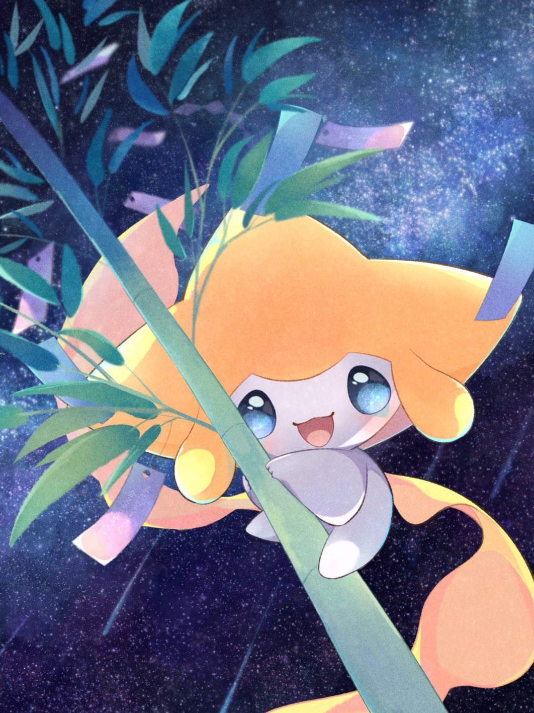 appyon (archangel ayp), jirachi, nintendo, pokemon, commentary request, highres, bamboo, blue eyes, gen 3 pokemon, legendary pokemon, mythical pokemon, no humans, open mouth, outdoors, pokemon (creature), pokemon focus, smile, solo, tag