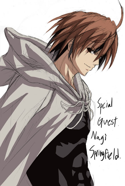 minarai zouhyou, nagi springfield, mahou sensei negima!, 00s, 1boy, ahoge, brown hair, character name, cloak, english text, hood, hood down, hooded cloak, male focus, muscular, profile, robe, short hair, simple background, solo, white background