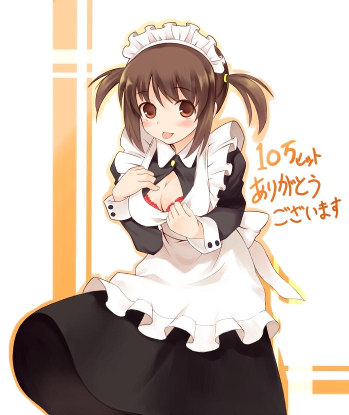 kurasuke, kurasuke's maid girl, original, 1girl, :p, apron, bra, breasts, brown eyes, brown hair, cleavage, female focus, lingerie, looking at viewer, maid, maid apron, maid headdress, milestone celebration, open clothes, open shirt, red bra, shirt, short hair, solo, tongue, tongue out, twintails, underwear