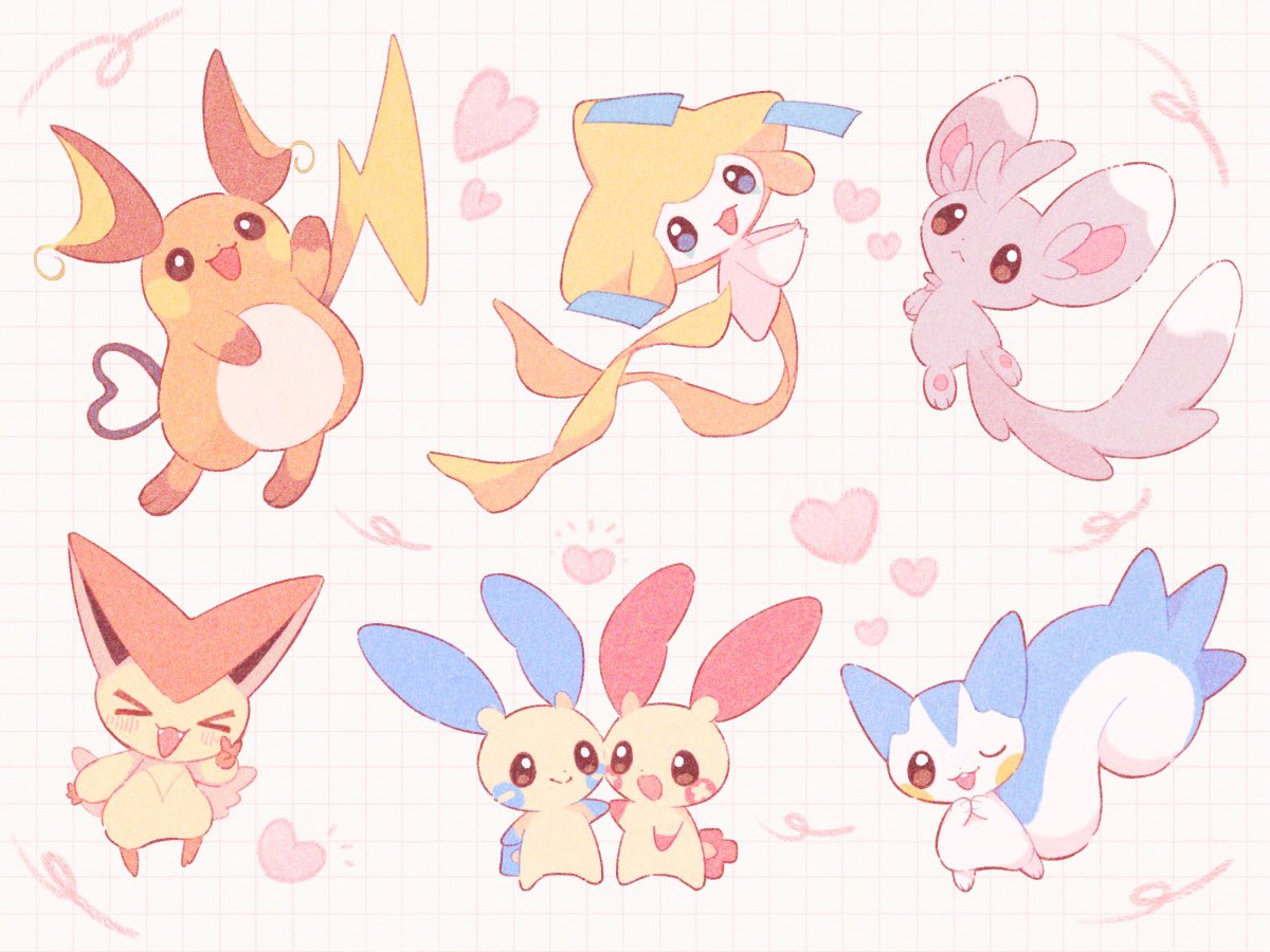 appyon (archangel ayp), jirachi, minccino, minun, pachirisu, plusle, raichu, victini, nintendo, pokemon, commentary, symbol-only commentary, > <, blue eyes, blush, brown eyes, closed mouth, fangs, full body, gen 1 pokemon, gen 3 pokemon, gen 4 pokemon, gen 5 pokemon, happy, heart, legendary pokemon, mythical pokemon, no humans, open mouth, pokemon (creature), pokemon focus, smile, v
