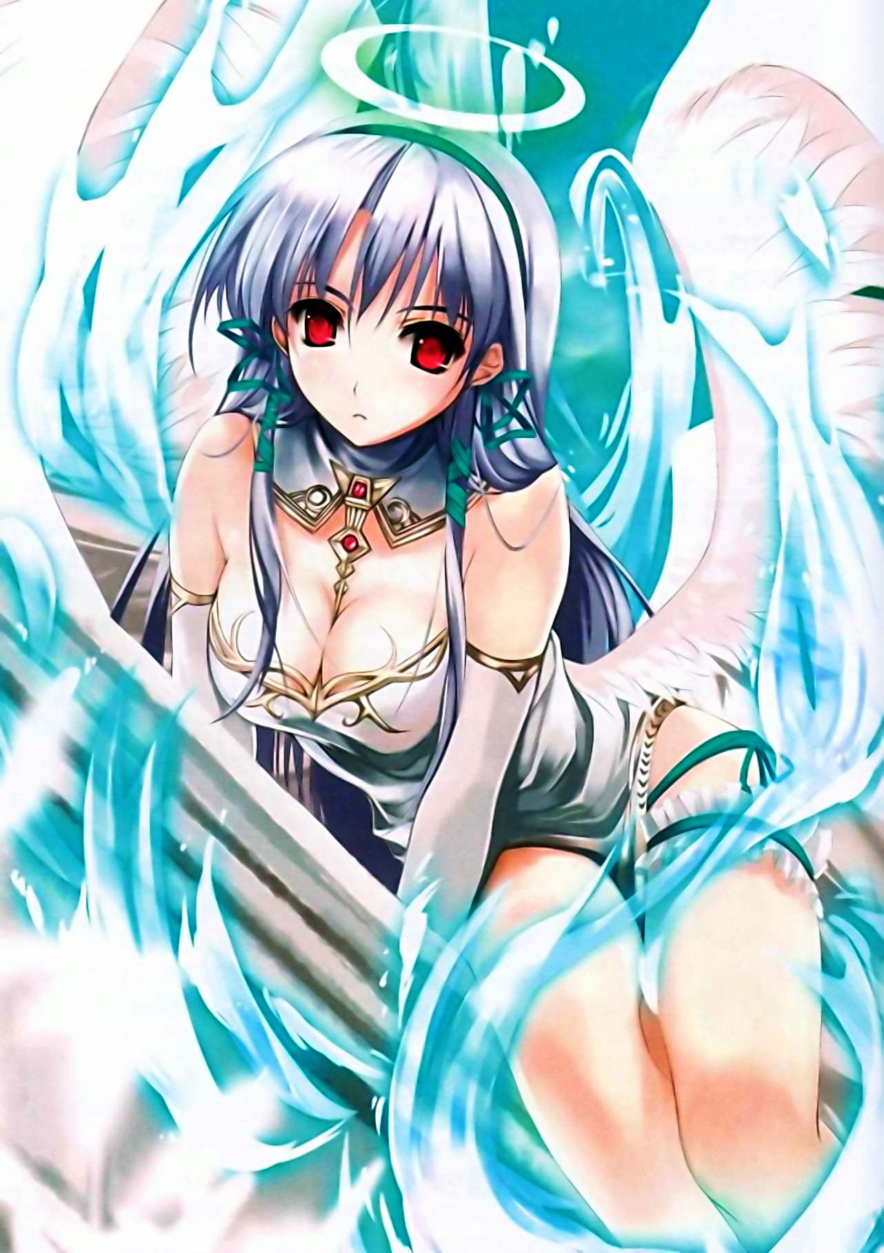 highres, 1girl, blue hair, breasts, cleavage, female focus, halo, large breasts, red eyes, solo, wings