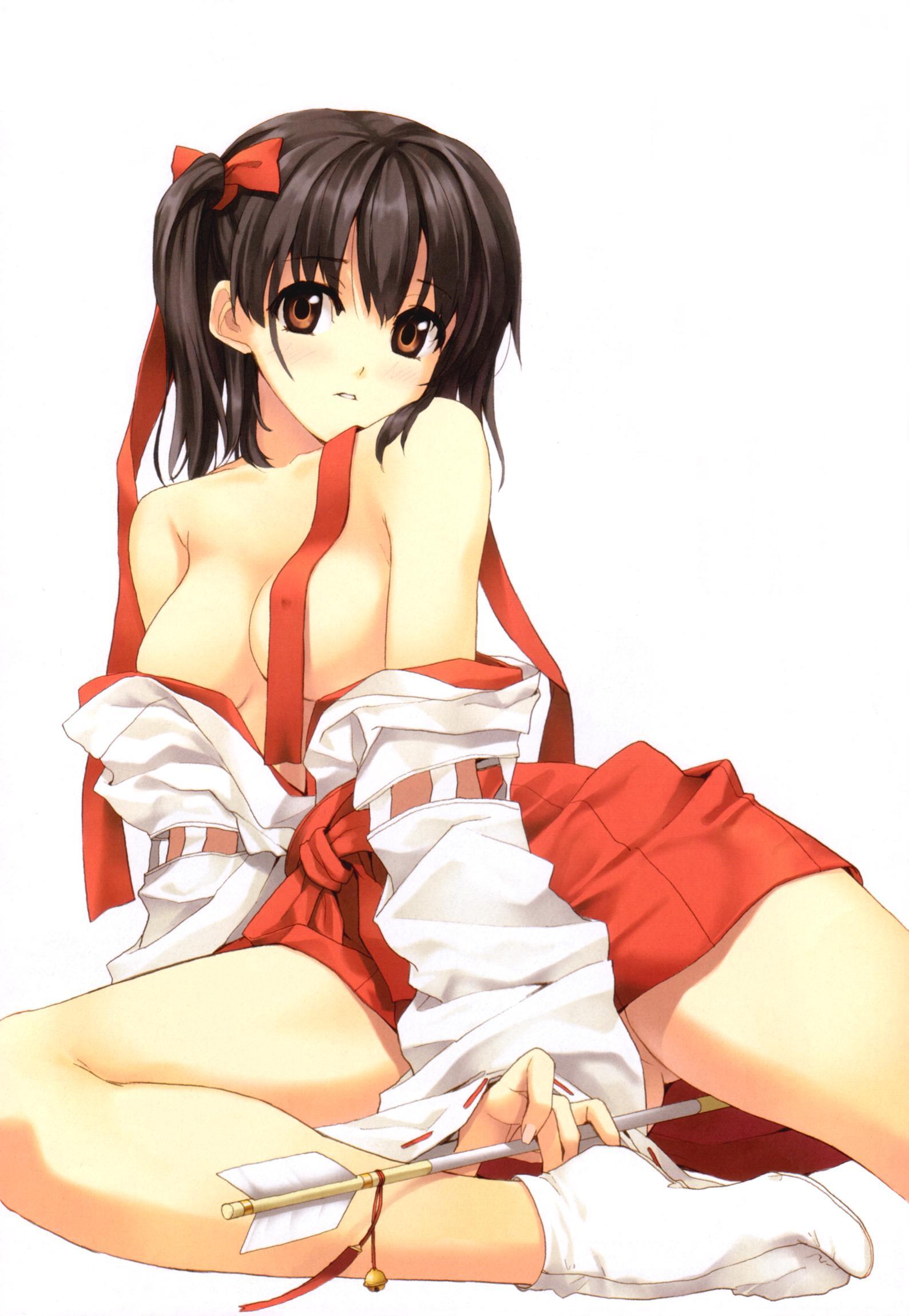 luna (reclaimed land), original, highres, 1girl, arrow (projectile), bare shoulders, black hair, breasts, brown eyes, cleavage, clothes down, female focus, hakama, hakama skirt, hamaya, japanese clothes, large breasts, miko, red hakama, side ponytail, sitting, skirt, solo, tabi