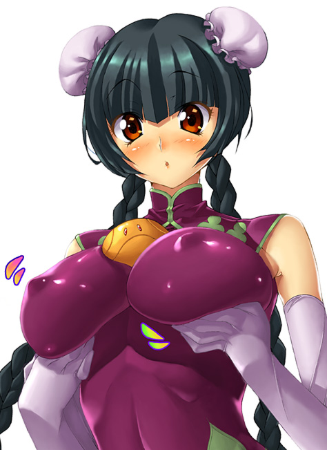 kink (tortoiseshell), wang liu mei, gundam, gundam 00, 00s, 1girl, bare shoulders, black hair, blush, breasts, bun cover, china dress, chinese clothes, covered erect nipples, dress, elbow gloves, embarrassed, gloves, grabbing another's breast, grabbing own breast, green hair, groping, large breasts, long hair, red eyes, solo focus