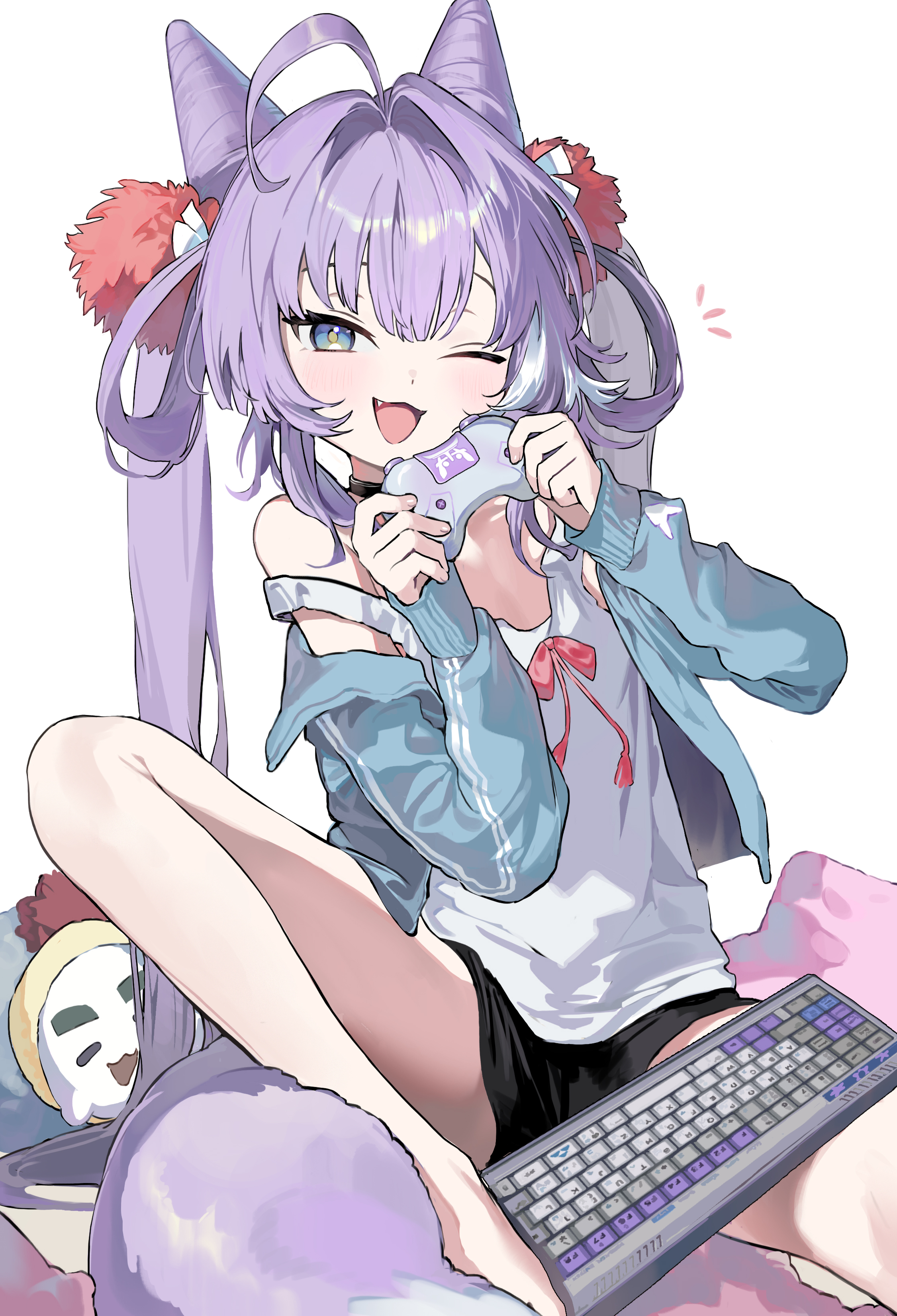 seeshin see, tenko shibuki, stellive, absurdres, highres, 1girl, ;3, absurdly long hair, ahoge, aqua jacket, bare legs, barefoot, black choker, black shorts, blue eyes, choker, computer keyboard, cone hair bun, controller, crotch, double bun, fang, flat chest, game controller, hair bun, hair intakes, hair ornament, hair rings, hair spread out, happy, holding, holding controller, holding game controller, jacket, light blush, long hair, looking at viewer, multicolored hair, off shoulder, one eye closed, open mouth, pillow, pom pom (clothes), pom pom hair ornament, red ribbon, ribbon, shirt ribbon, short shorts, shorts, sidelocks, simple background, sitting, strap slip, streaked hair, tank top, track jacket, twintails, two-handed, very long hair, white background, white hair, white tank top