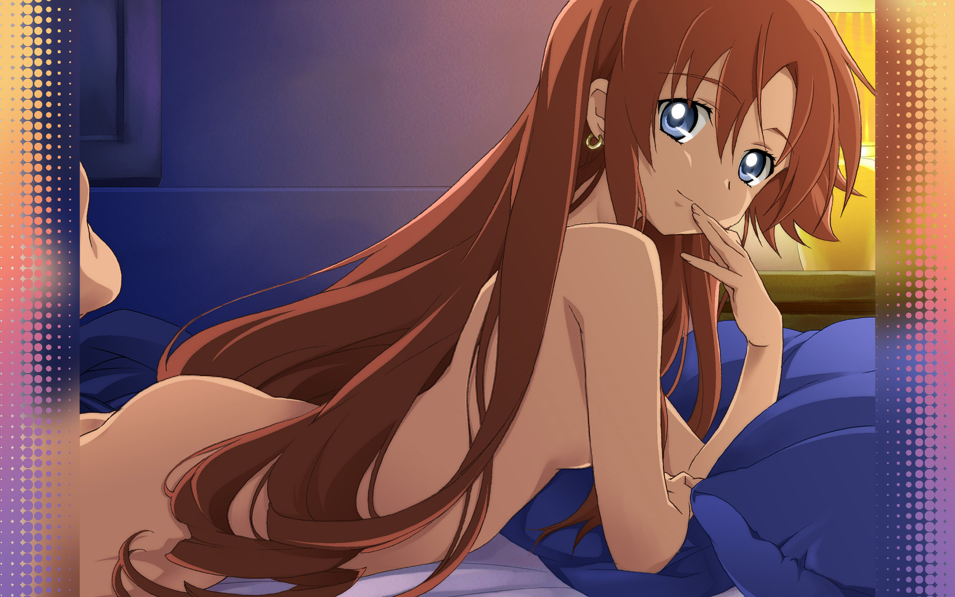 nadie, el cazador de la bruja, highres, 00s, bed, blue eyes, brown hair, earrings, jewelry, long hair, mexico, nude, smile