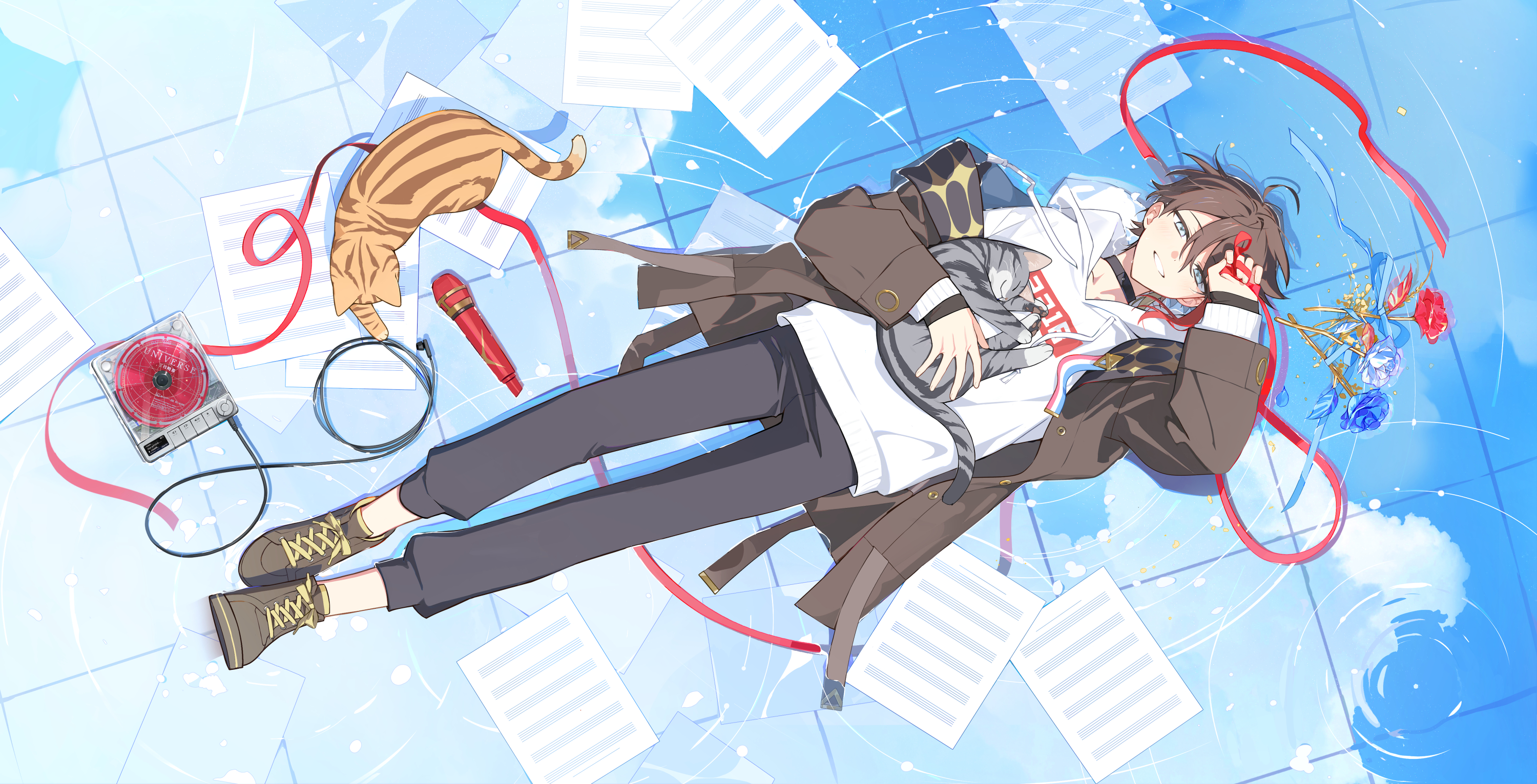 saegusa akina, saegusa akina (1st costume), nijisanji, highres, 1boy, black pants, blue flower, blue rose, bouquet, brown hair, brown jacket, cat, choker, closed eyes, flower, full body, hood, hoodie, jacket, lying, male focus, on back, pants, paper, red flower, red ribbon, ribbon, ripples, rose, short hair, solo, utaite, virtual youtuber, vvv san, white hoodie
