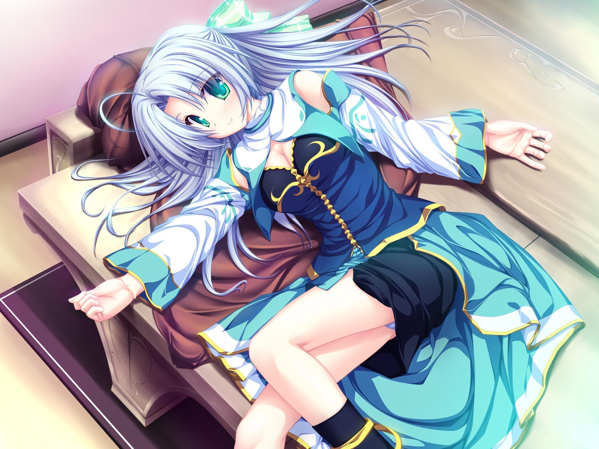 tenmaso, alicia infans, magus tale, highres, 1girl, blue hair, female focus, green eyes, lying, panties, pantyshot, purple panties, solo, underwear