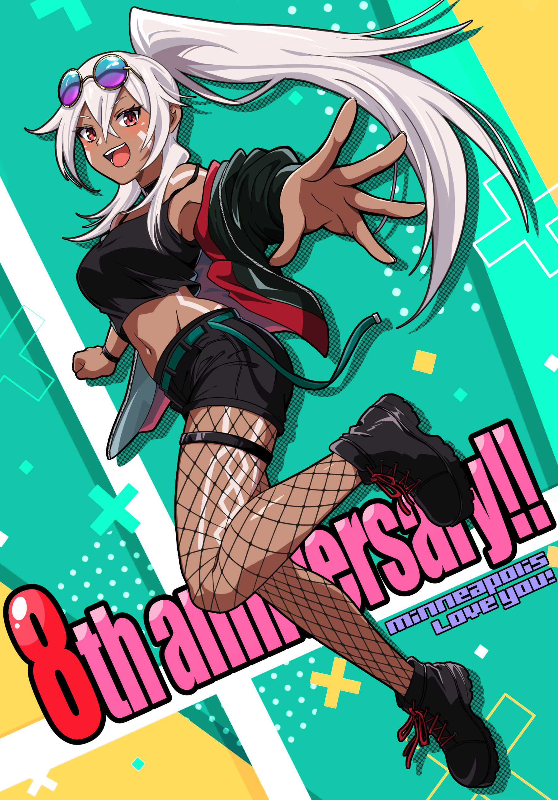 murasaki tsutsuji, minneapolis (azur lane), azur lane, absurdres, commentary request, highres, 1girl, :d, anniversary, black jacket, black shoes, black shorts, black tank top, blue background, bodypaint, breasts, crossed bangs, dark-skinned female, dark skin, english text, eyewear on head, facepaint, fishnet pantyhose, fishnets, full body, hair between eyes, high ponytail, jacket, long hair, looking at viewer, medium breasts, midriff, navel, open clothes, open jacket, open mouth, pantyhose, ponytail, reaching, reaching towards viewer, red eyes, shoes, shorts, smile, solo, sunglasses, tank top, very long hair, white hair