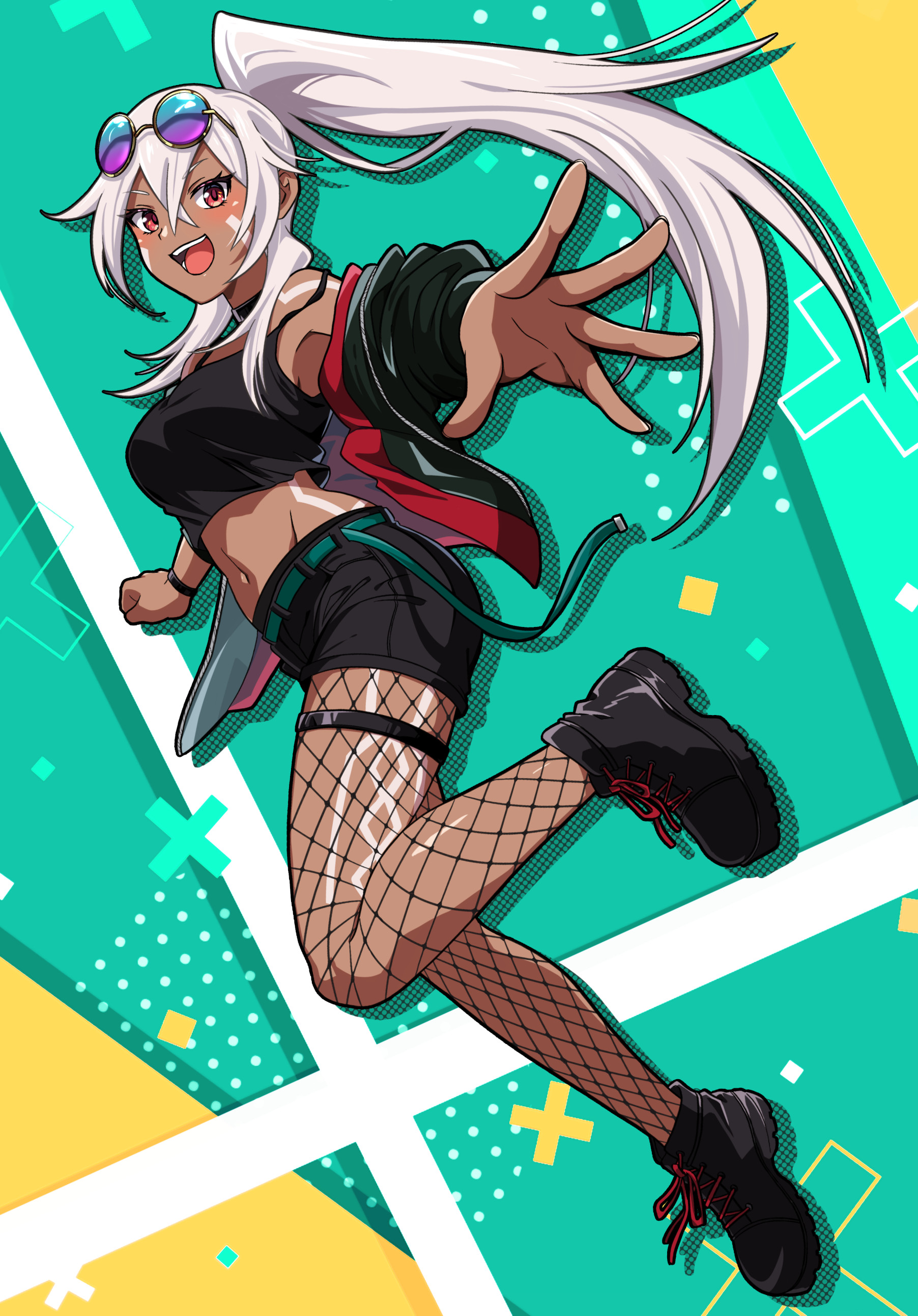murasaki tsutsuji, minneapolis (azur lane), azur lane, absurdres, commentary request, highres, textless version, 1girl, :d, anniversary, black jacket, black shoes, black shorts, black tank top, blue background, bodypaint, breasts, crossed bangs, dark-skinned female, dark skin, eyewear on head, facepaint, fishnet pantyhose, fishnets, full body, hair between eyes, high ponytail, jacket, long hair, looking at viewer, medium breasts, midriff, navel, open clothes, open jacket, open mouth, pantyhose, ponytail, reaching, reaching towards viewer, red eyes, shoes, shorts, smile, solo, sunglasses, tank top, very long hair, white hair